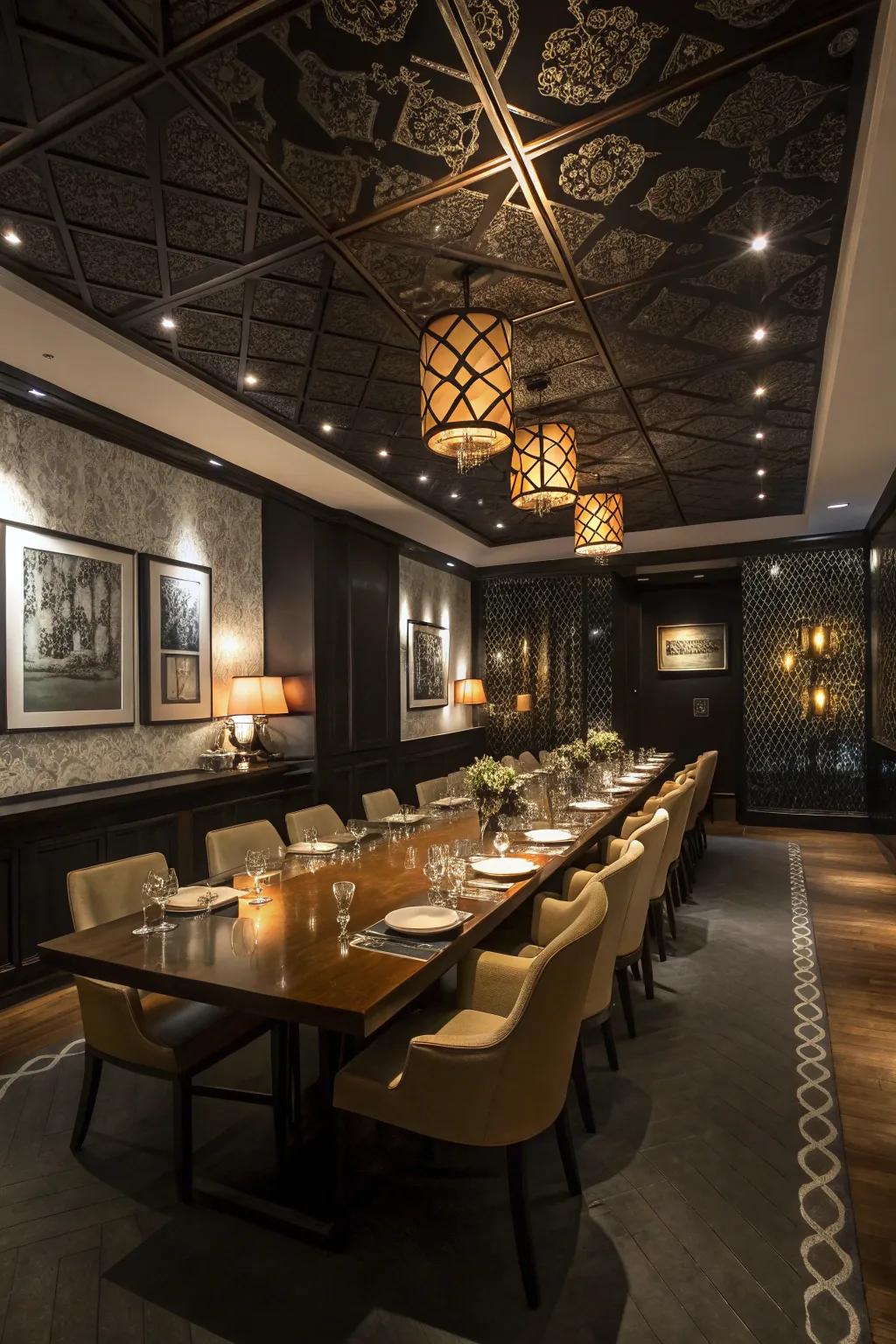 An elegant dining area where a black ceiling establishes the scene for unforgettable meals.