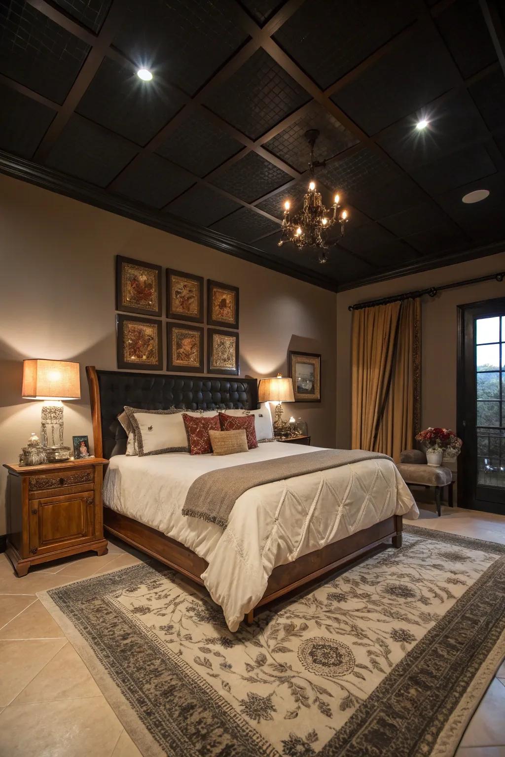 A sophisticated bedroom where a black ceiling adds richness and warmth.