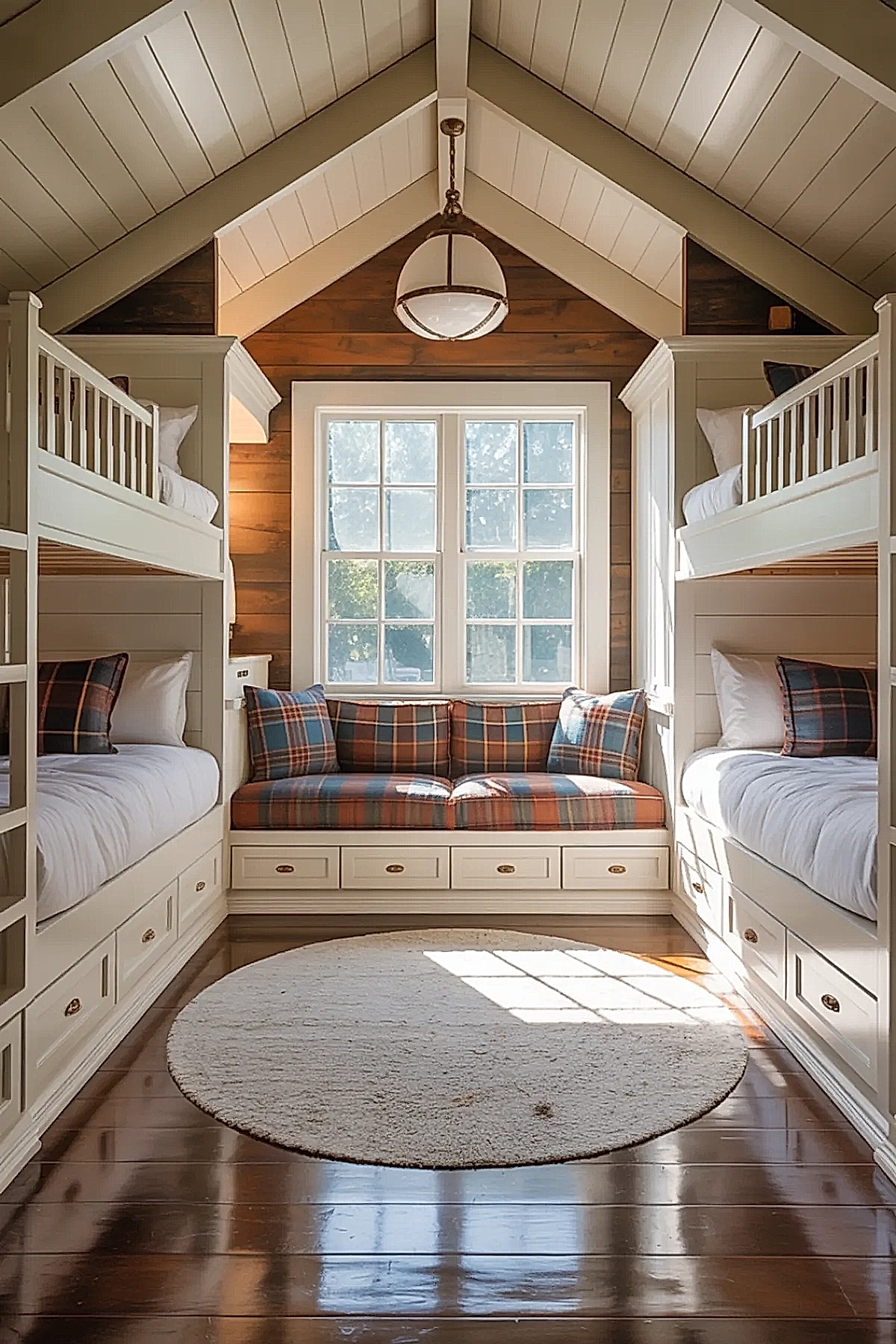 white bunk room with built-in beds, plaid cushions, large window, integrated storage drawers, white walls, and ceiling lamp