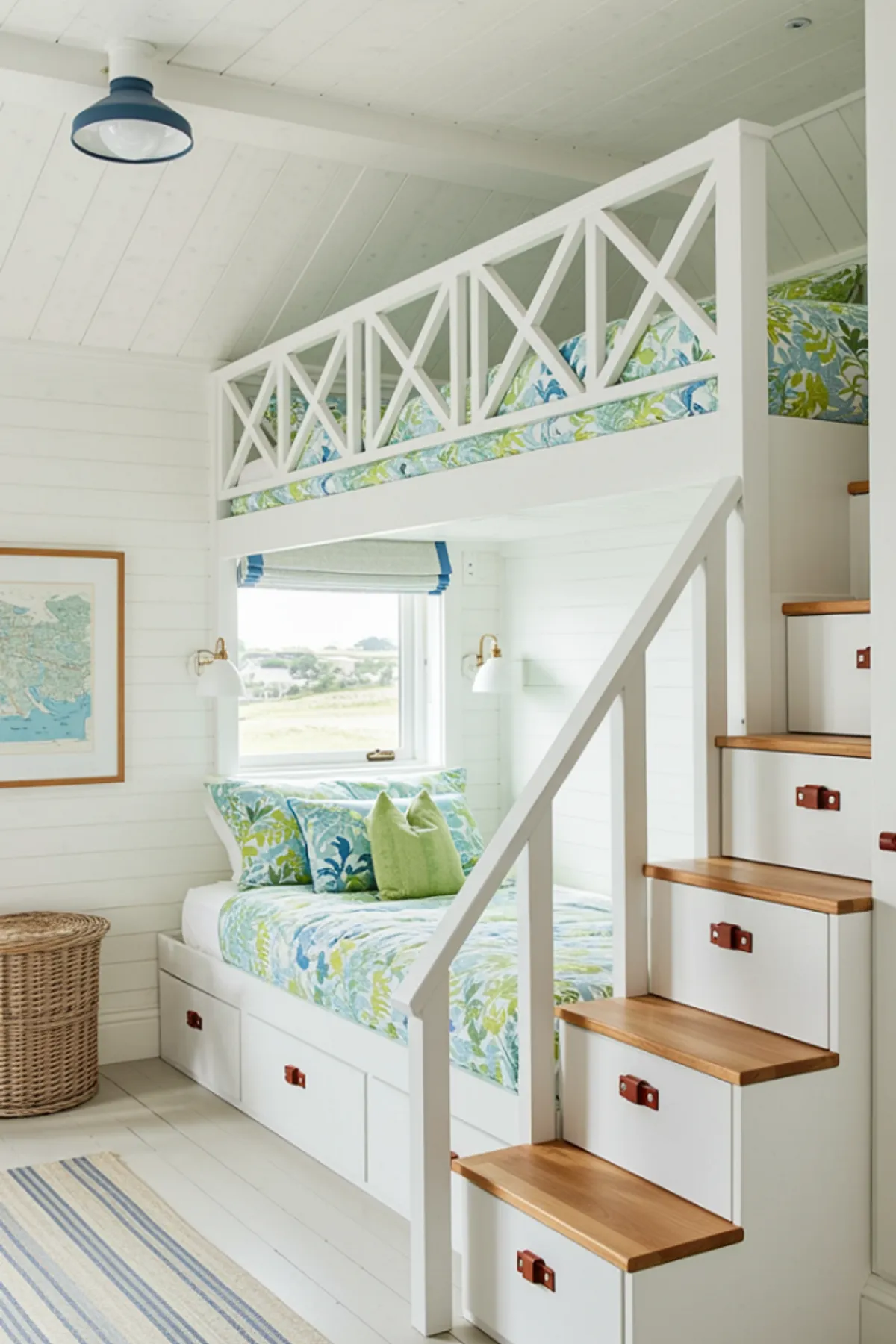 White built-in bunk beds with floral bedding, stair storage, window view, and coastal-themed decor.