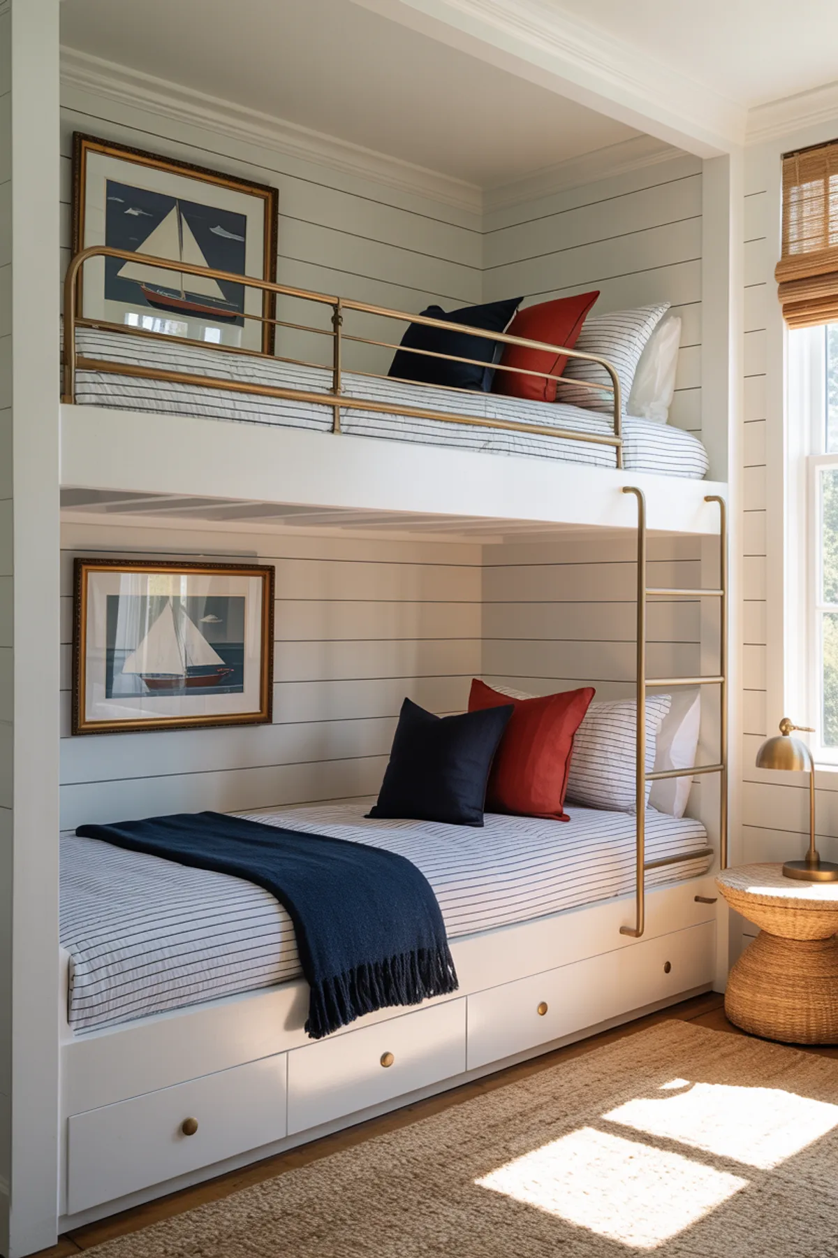 Sophisticated bunk beds with brass rails, nautical artwork, and navy-red bedding, white shiplap walls.