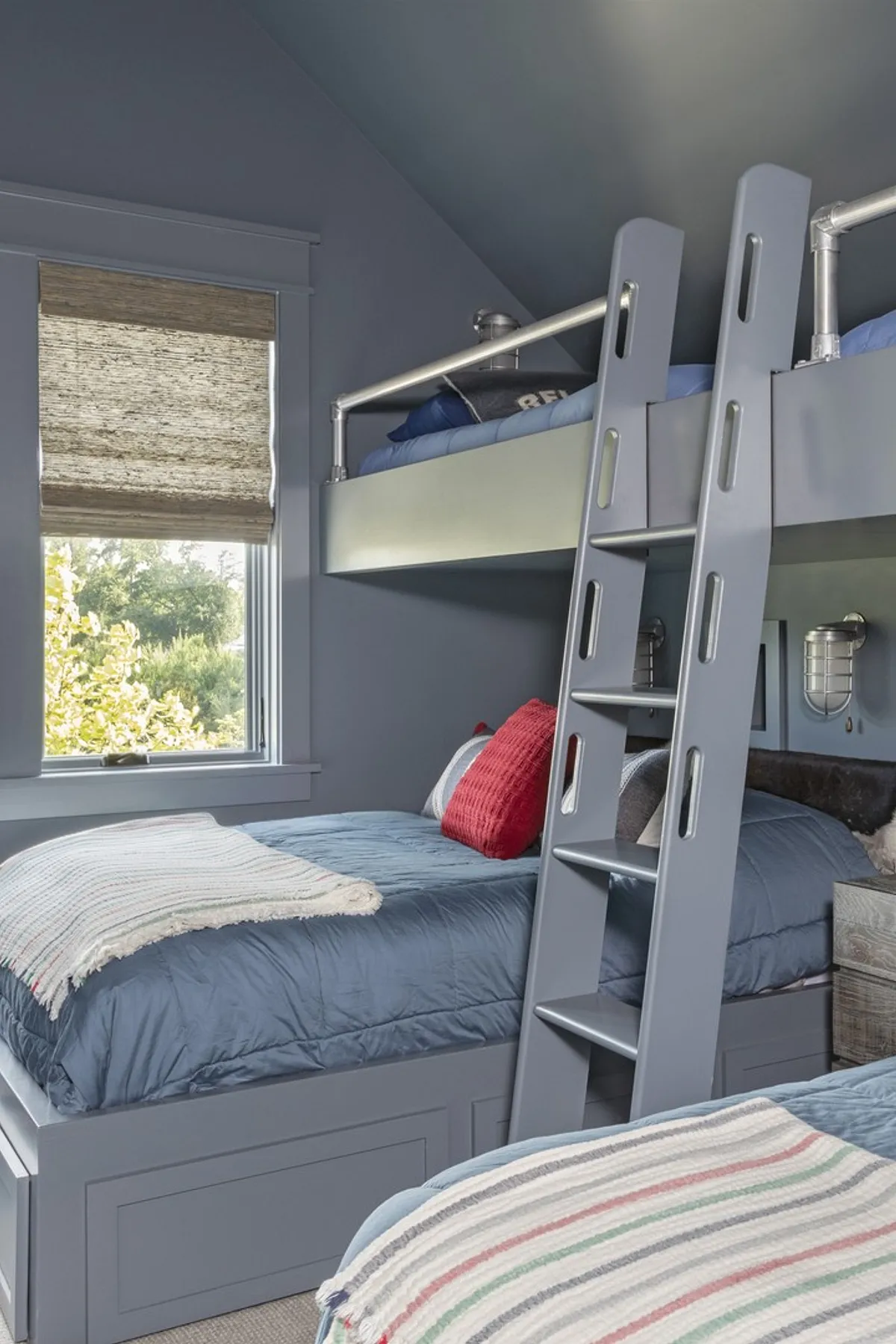 Bunk beds painted blue with matching blue walls and ceiling.