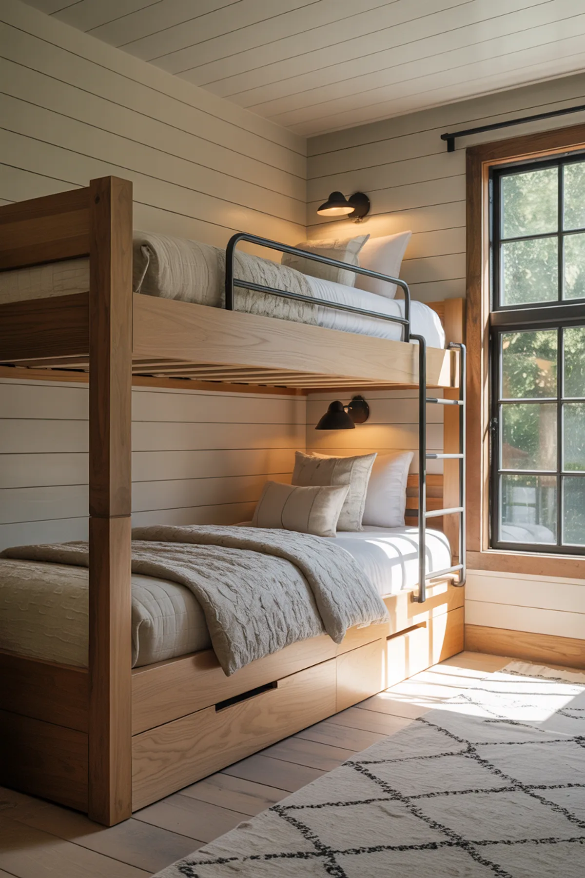 Built-in wooden bunk beds with metal railings, under-bed storage, shiplap walls, and large window providing natural light.