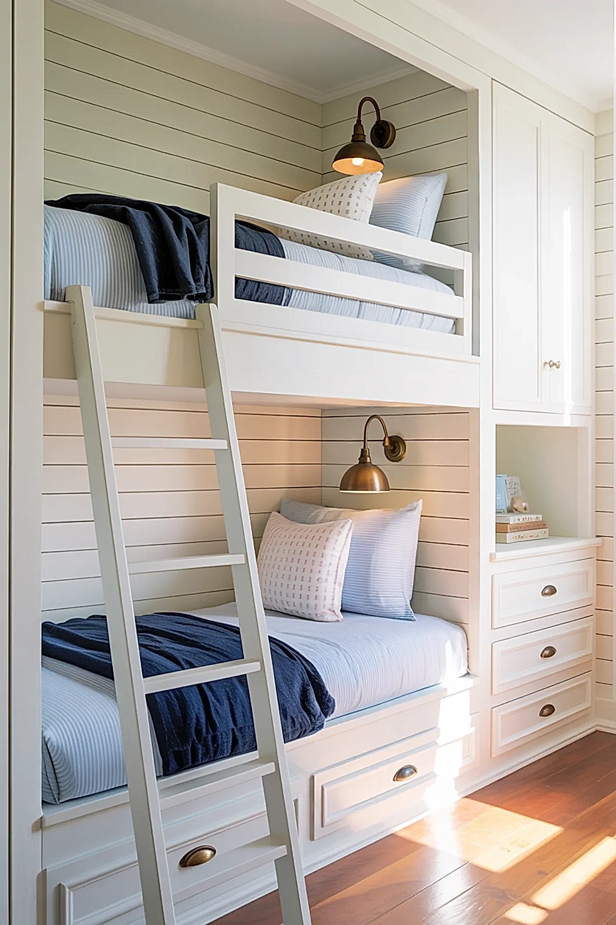 white bunk room with built-in beds, plaid cushions, large window, integrated storage drawers, white walls, and ceiling lamp