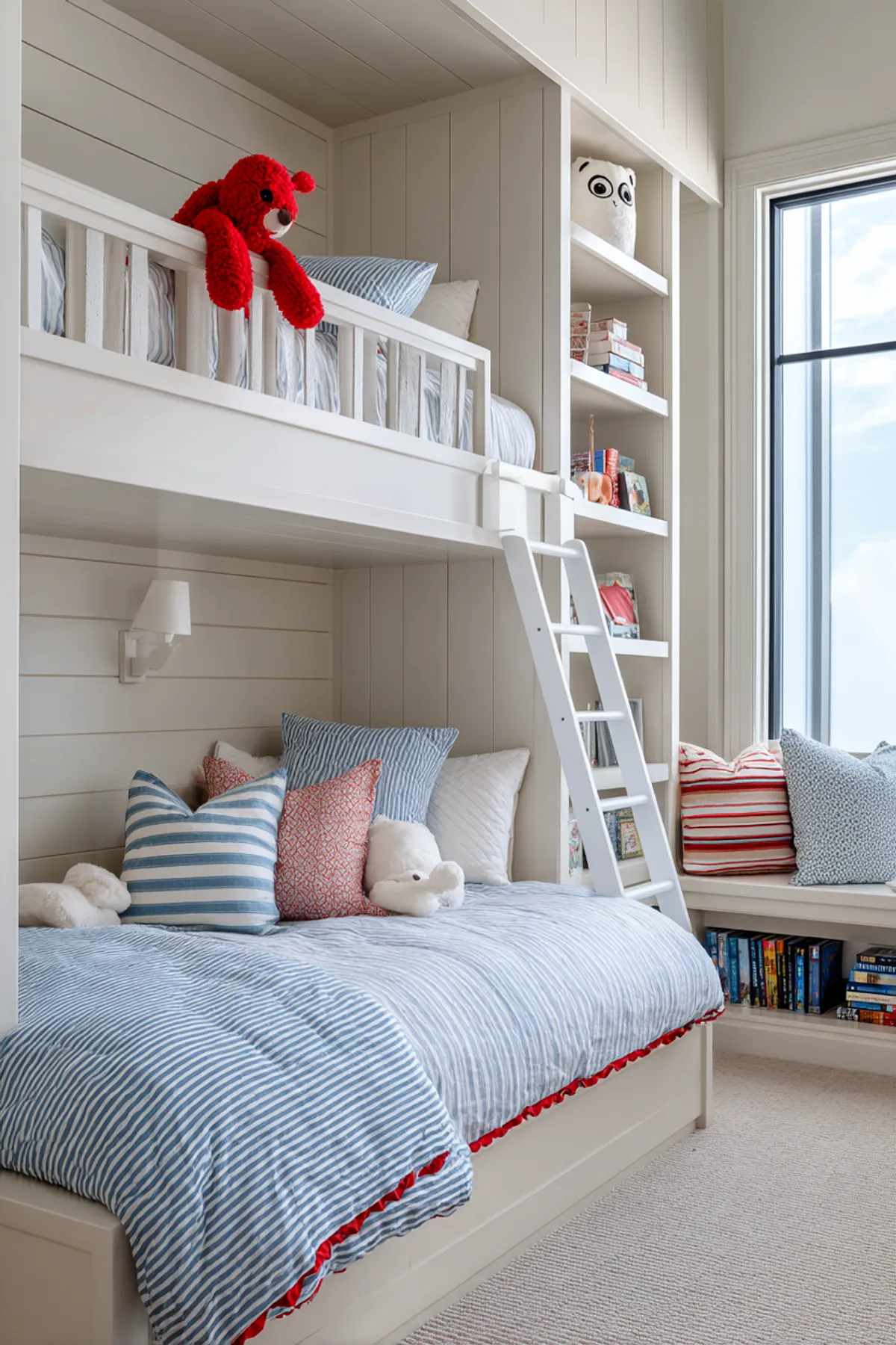 Built-in bunk beds with striped blue and red bedding, integrated shelves, a plush red toy, and natural light from a large window.
