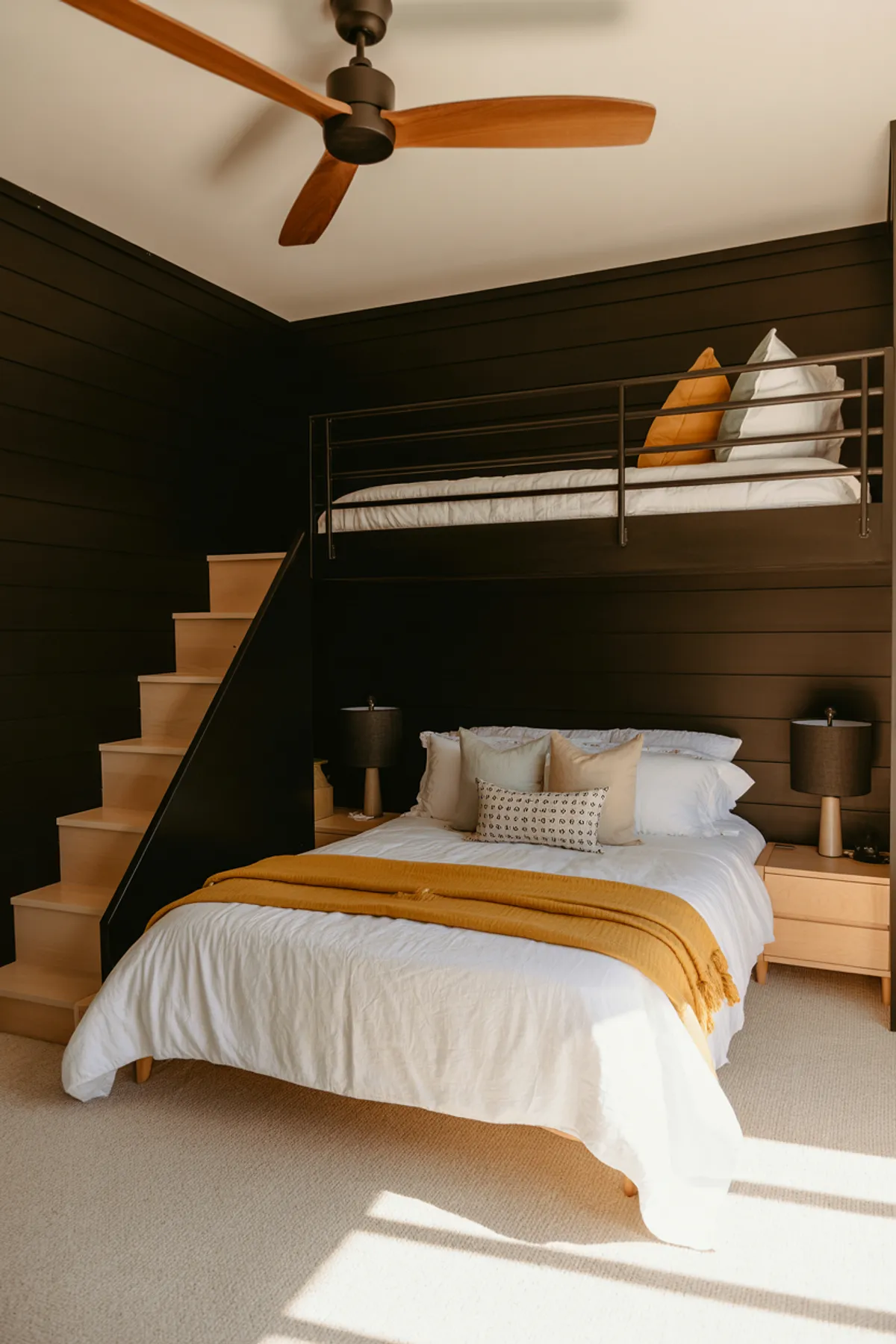 Black built-in bunk beds with wooden staircase, white bedding, mustard yellow accents, dark shiplap walls, and ceiling fan.