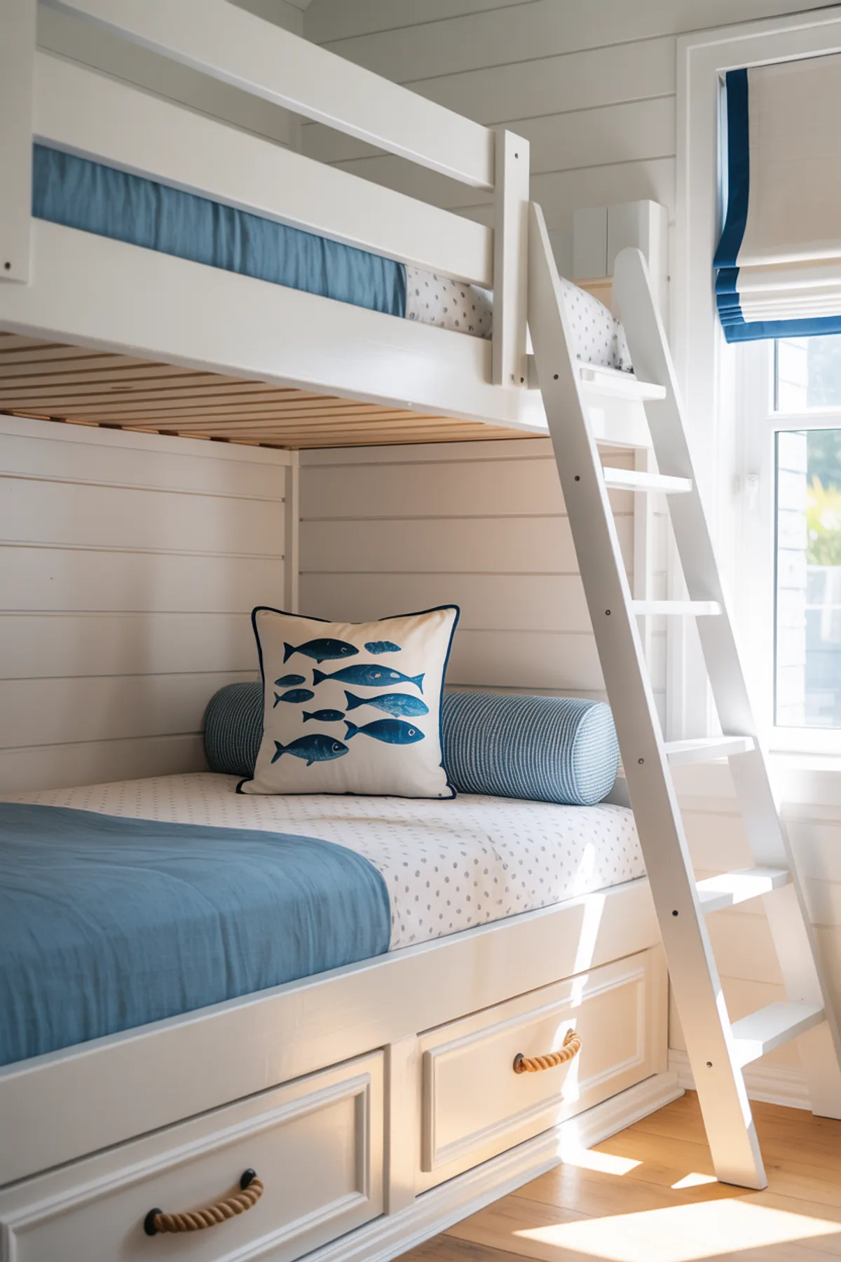 White built-in bunk beds with blue bedding, rope-handled storage drawers, ladder access, and nautical-themed decor.