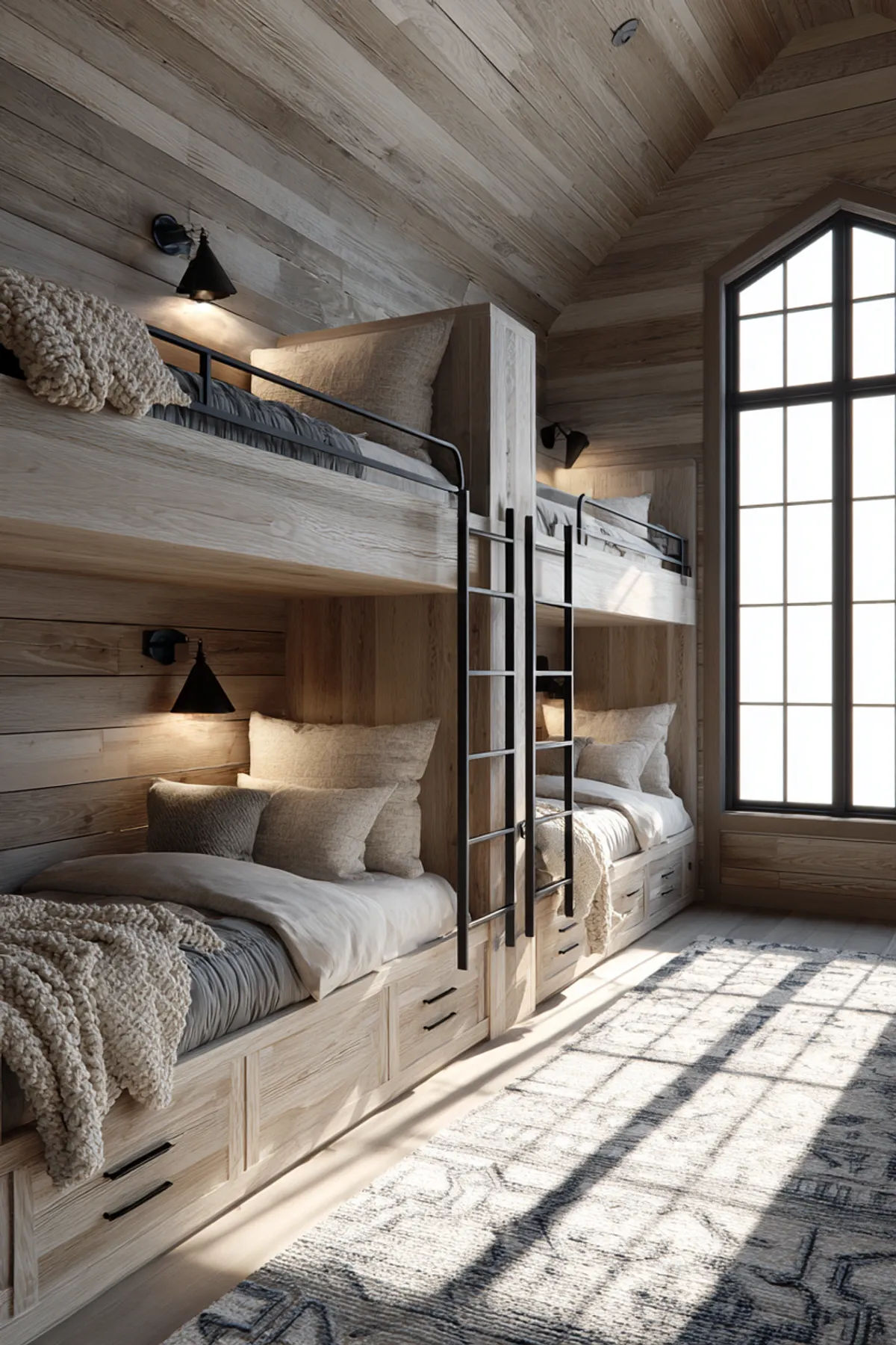 Modern rustic built-in bunk beds with wood and metal, featuring under-bed storage drawers and large windows for natural light.