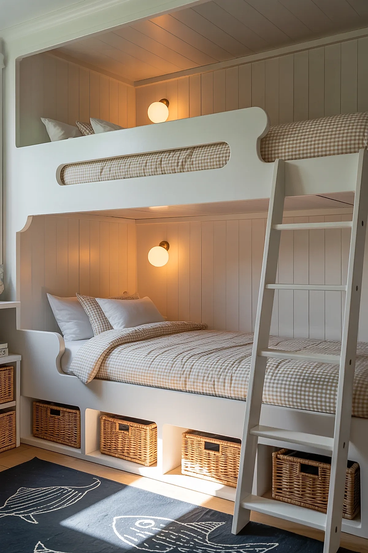 Beige built-in bunk beds with gingham bedding, wall lights, ladder access, and rattan storage baskets underneath.