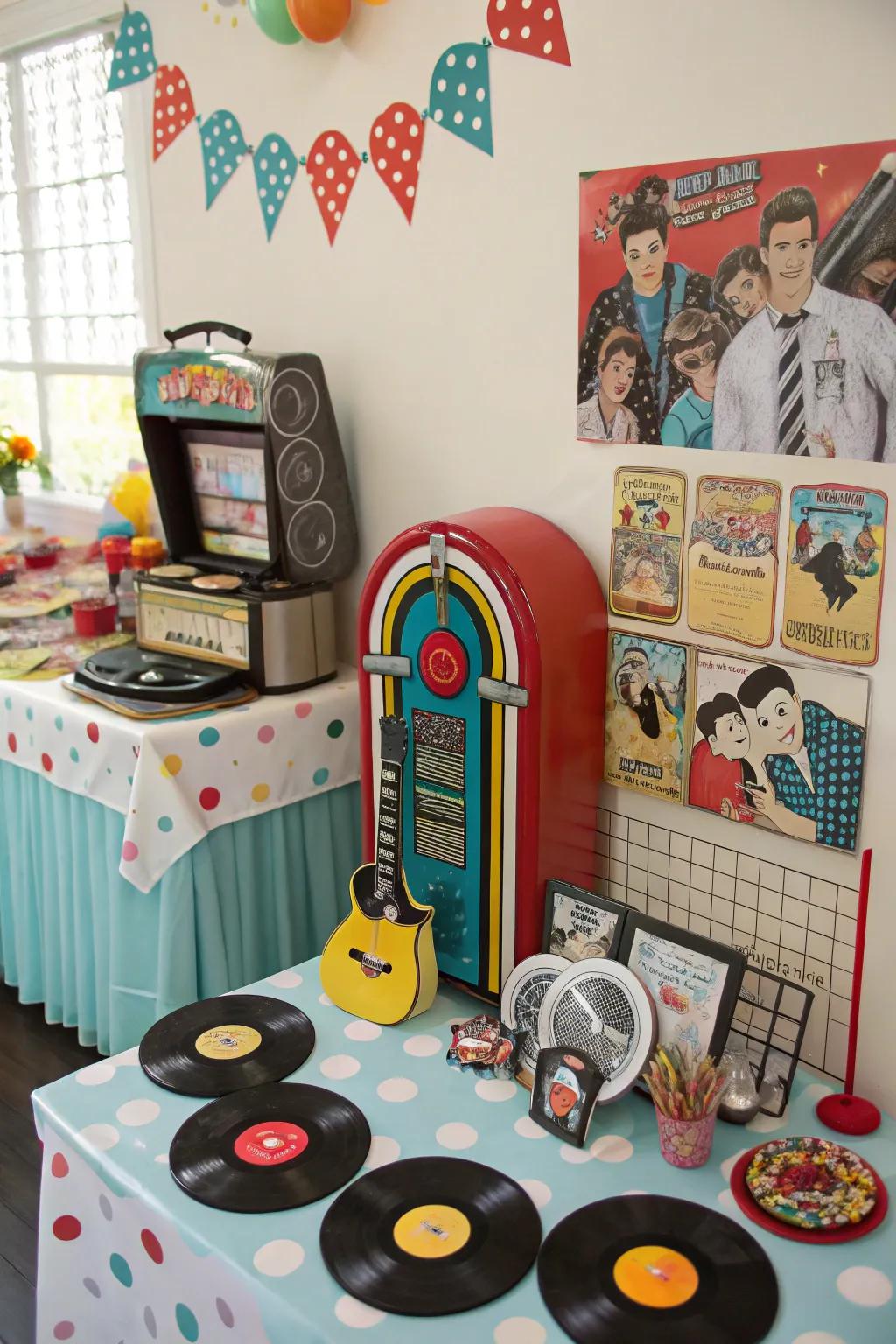 An anthem 'n' dance-themed baby shower showcasing retro and musical elements