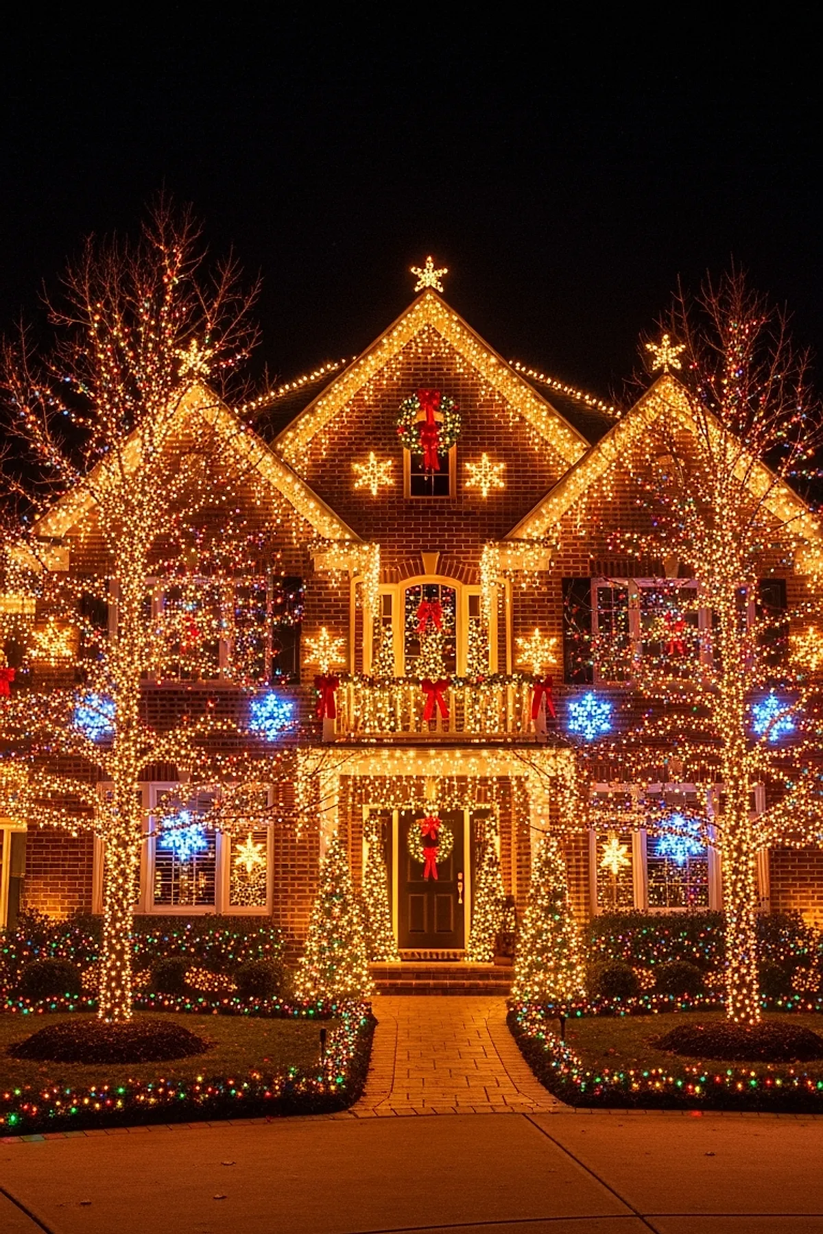 Brick house covered in dense warm white outdoor christmas lights outlining the roof, windows, porch, and balcony, decorated with red bows and wreaths; leafless trees wrapped in multi-colored lights featuring blue snowflake-shaped lights glowing against a dark night sky.