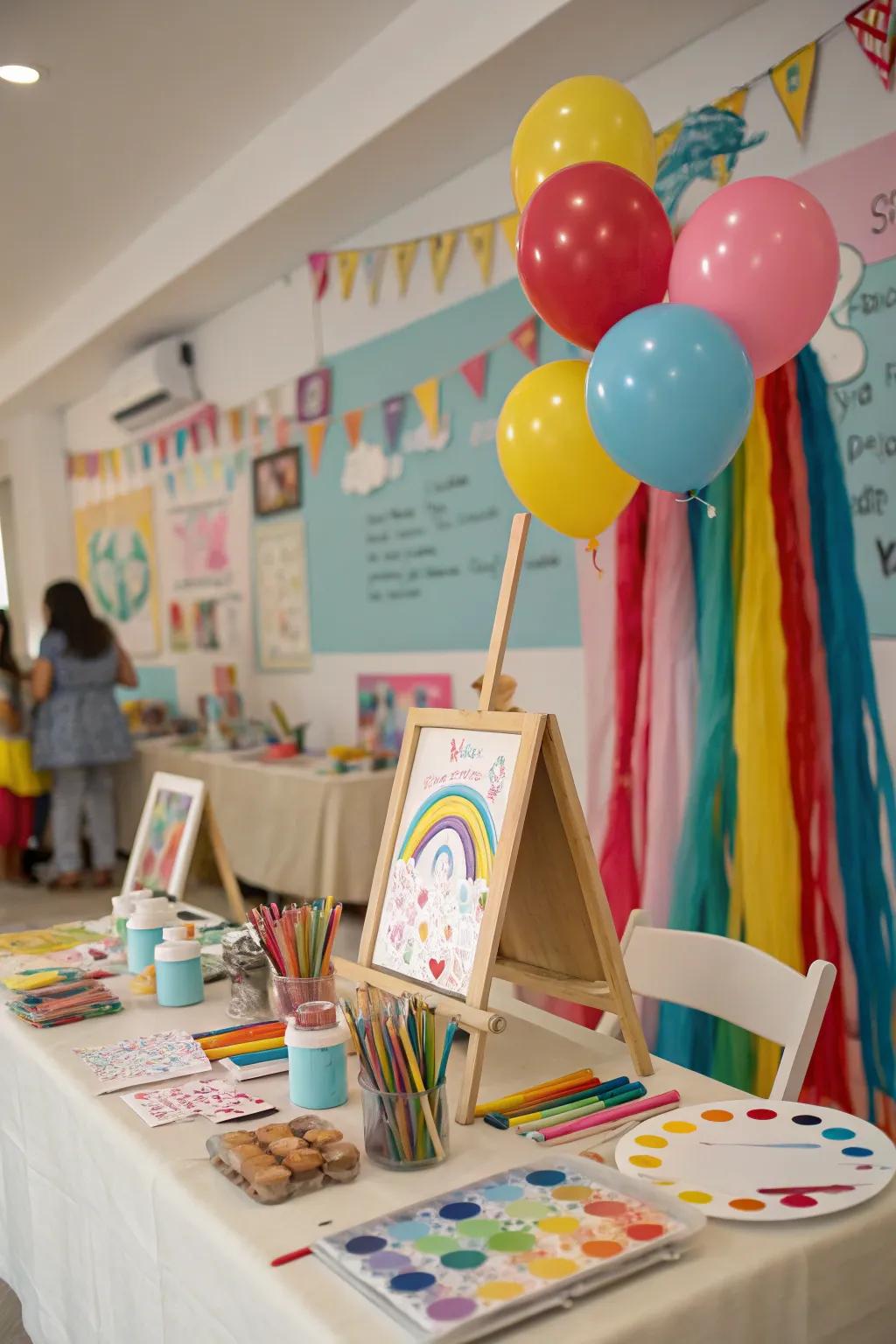 An art-oriented baby shower showcasing colorful and creative elements