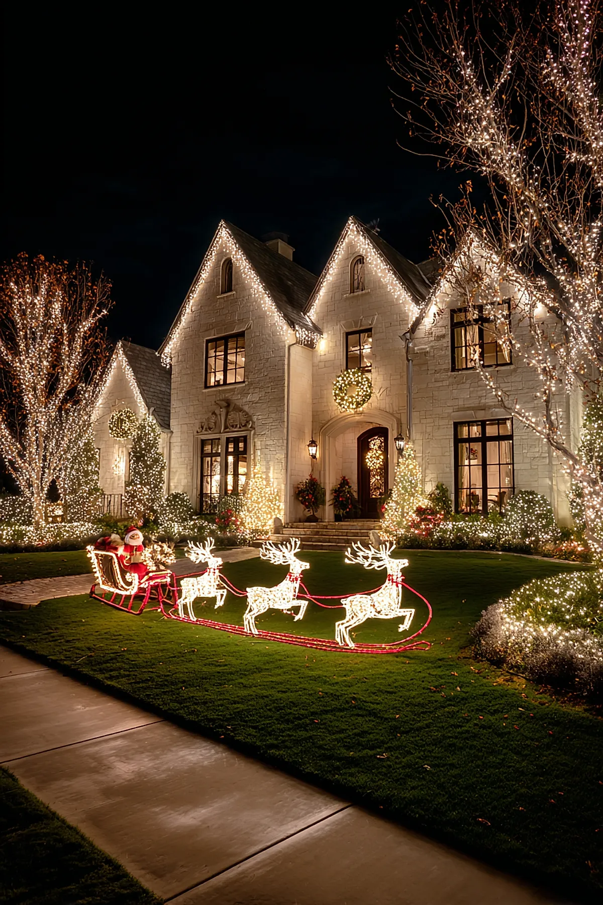 Stone house decorated with warm white christmas lights outlining the roof peaks and windows, trees wrapped in twinkling white lights, and a glowing light sculpture of Santa in a sleigh pulled by three reindeer on the green lawn at night.