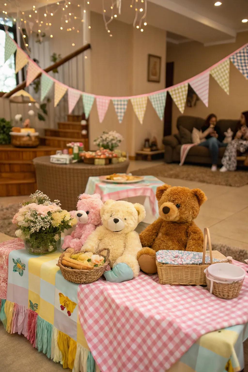 A fuzzy friend-oriented picnic baby shower showcasing cozy elements