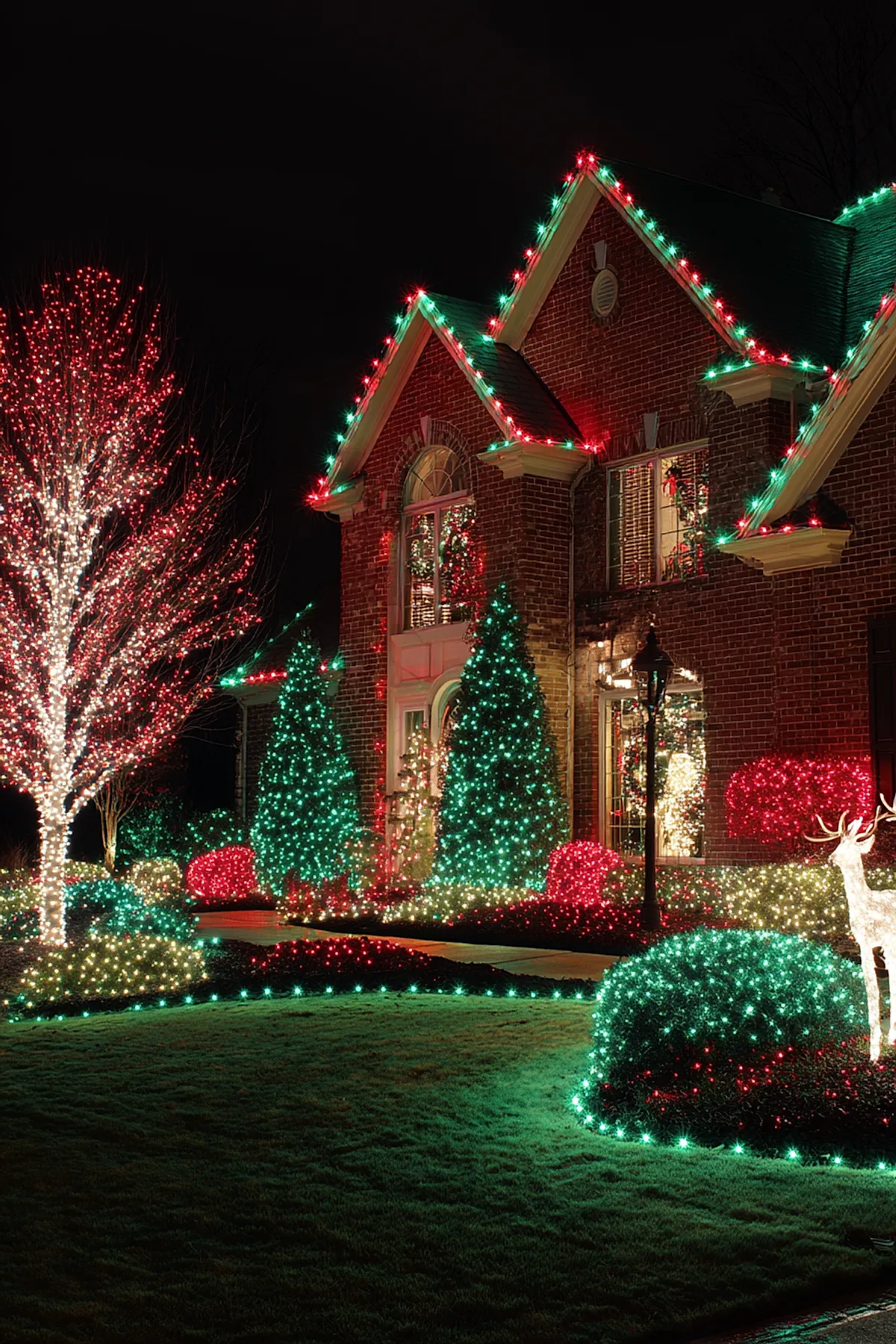 Brick house decorated with alternating red and green outdoor christmas lights outlining roof edges, trees wrapped in red and white lights, bushes covered in dense green lights, and a glowing white reindeer figure on the lawn at night.