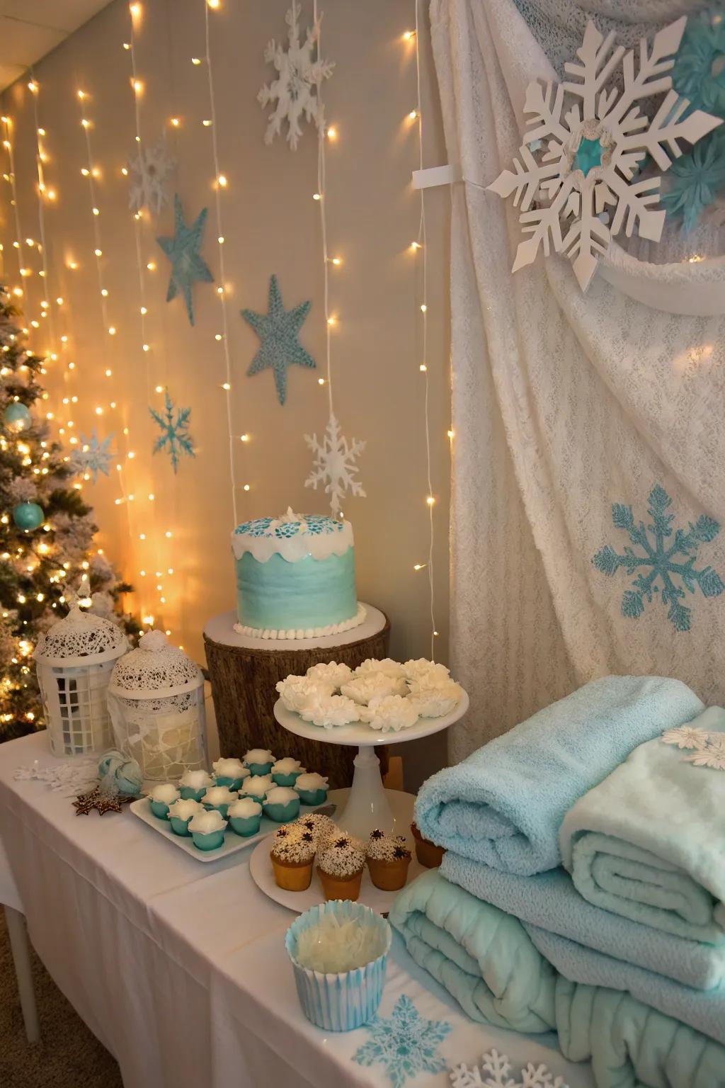 A frigid-themed baby shower showcasing cool and cozy decorations