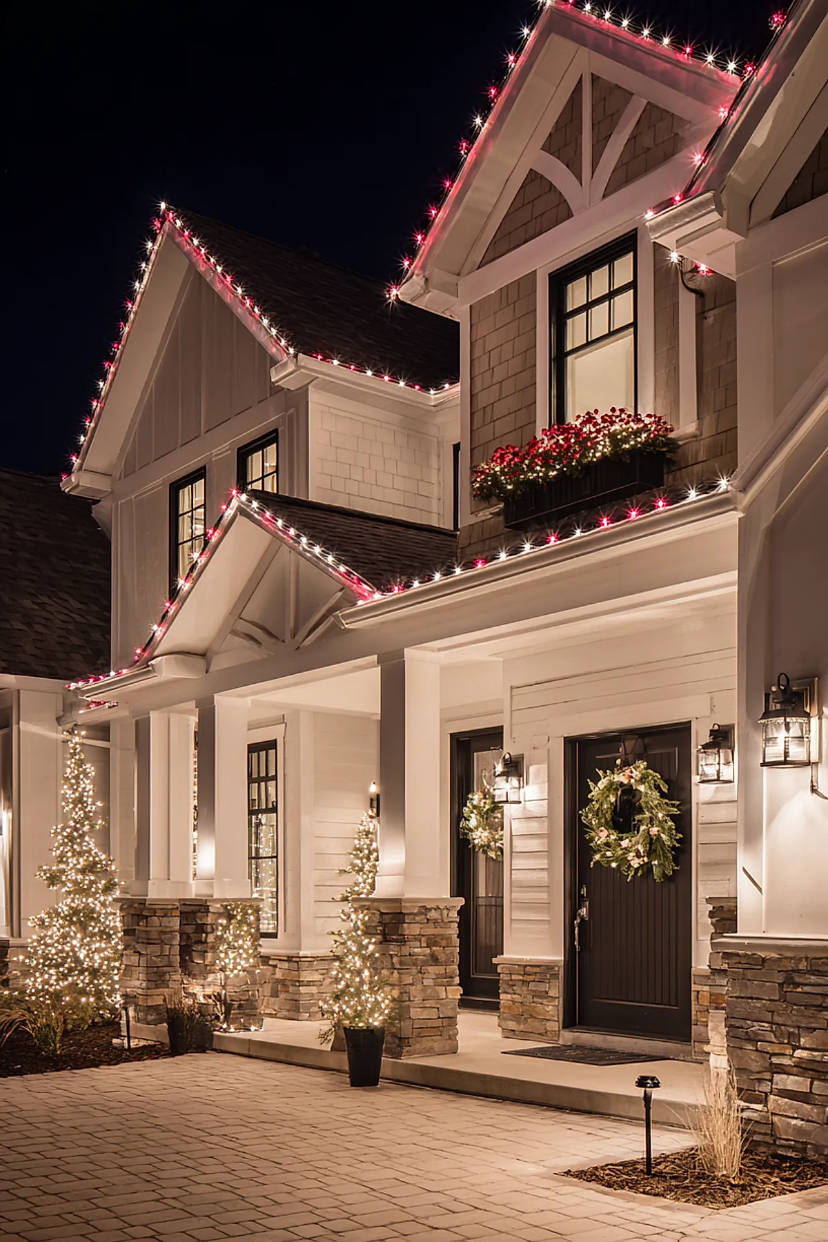 White house exterior at night decorated with red and white christmas lights outlining roof peaks, porch columns, and trim; black-framed windows featuring flower boxes filled with red flowers illuminated by string lights; front doors adorned with green wreaths accented by soft warm light.