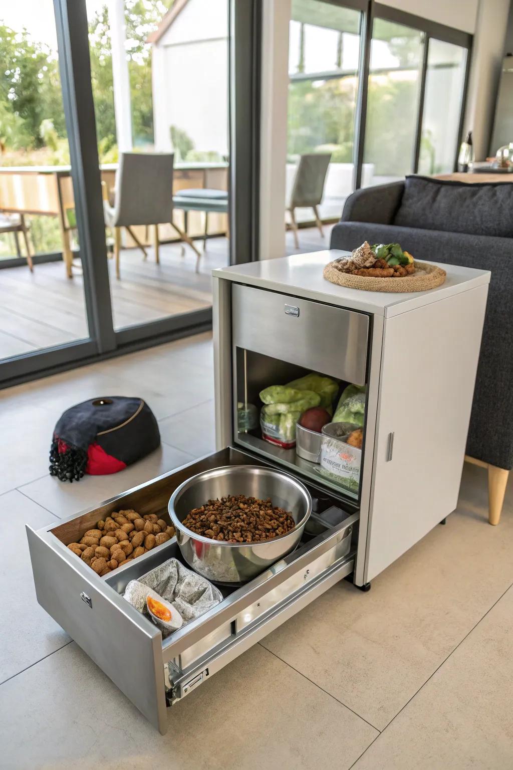 An integrated unit that combines feeding and storage in a streamlined, modern fashion.