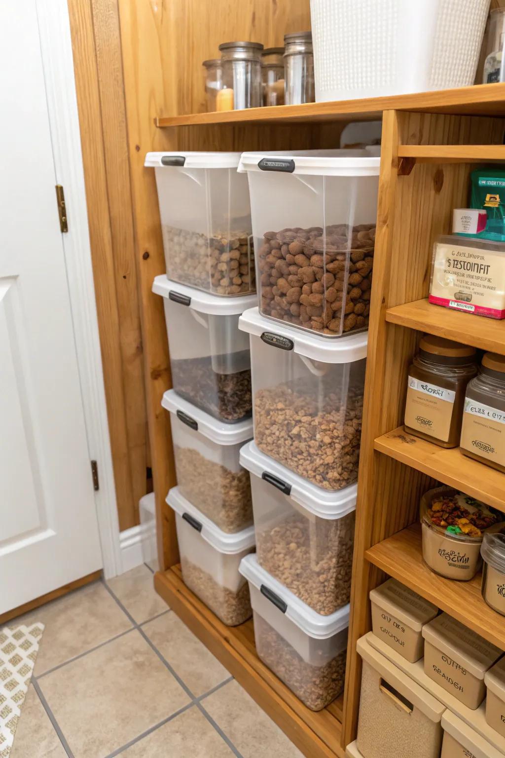 Generous stackable bins with scoops offer a neat solution for storing large quantities of dog food.