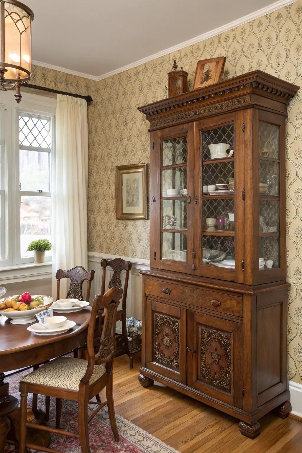 An antique cabinet, repurposed for dog food storage, adds charm and practicality.