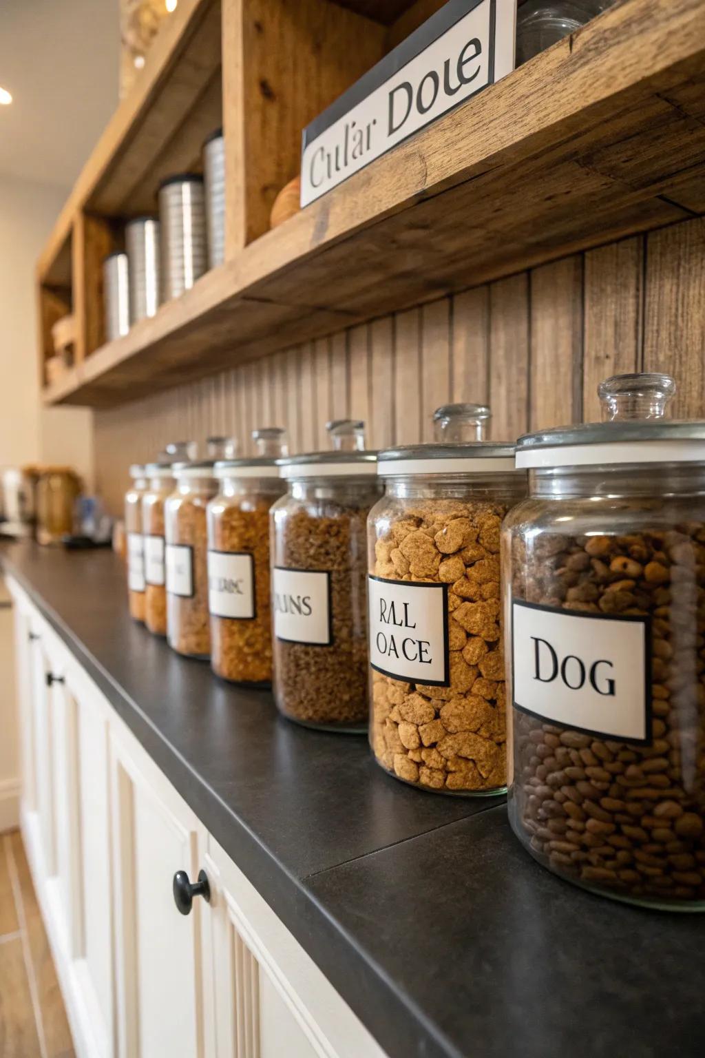 Bespoke labeled jars infuse a personal touch and maintain fresh, organized dog food.