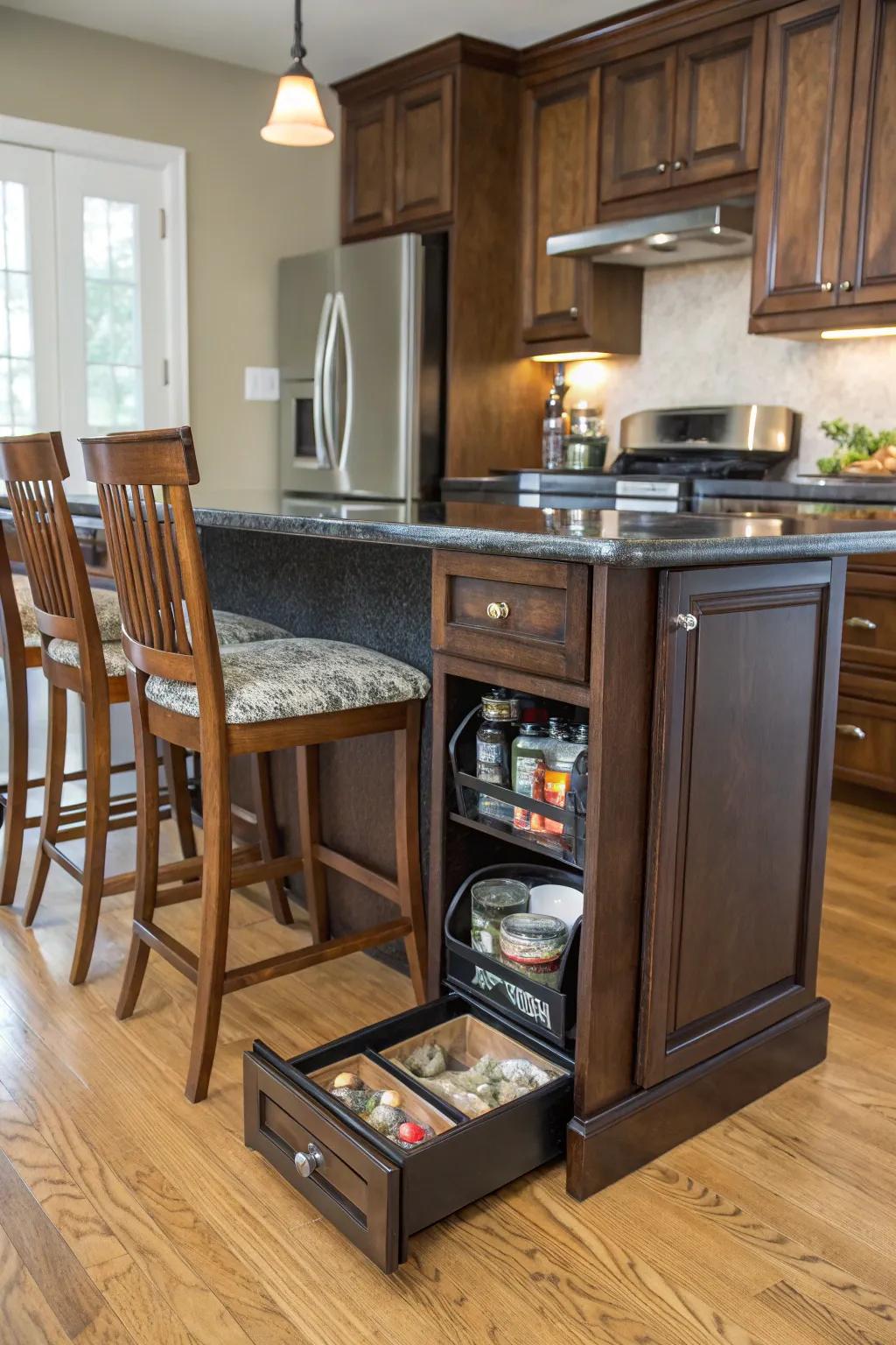 A kitchen island featuring concealed storage keeps dog food out of sight but readily available.