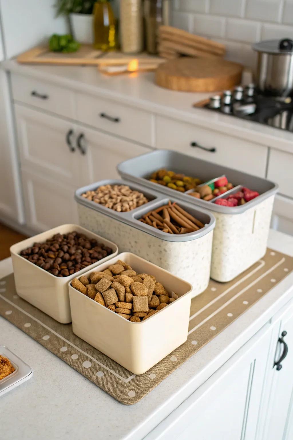 A multi-compartment organizer maintains organized and accessible dog foods and treats.