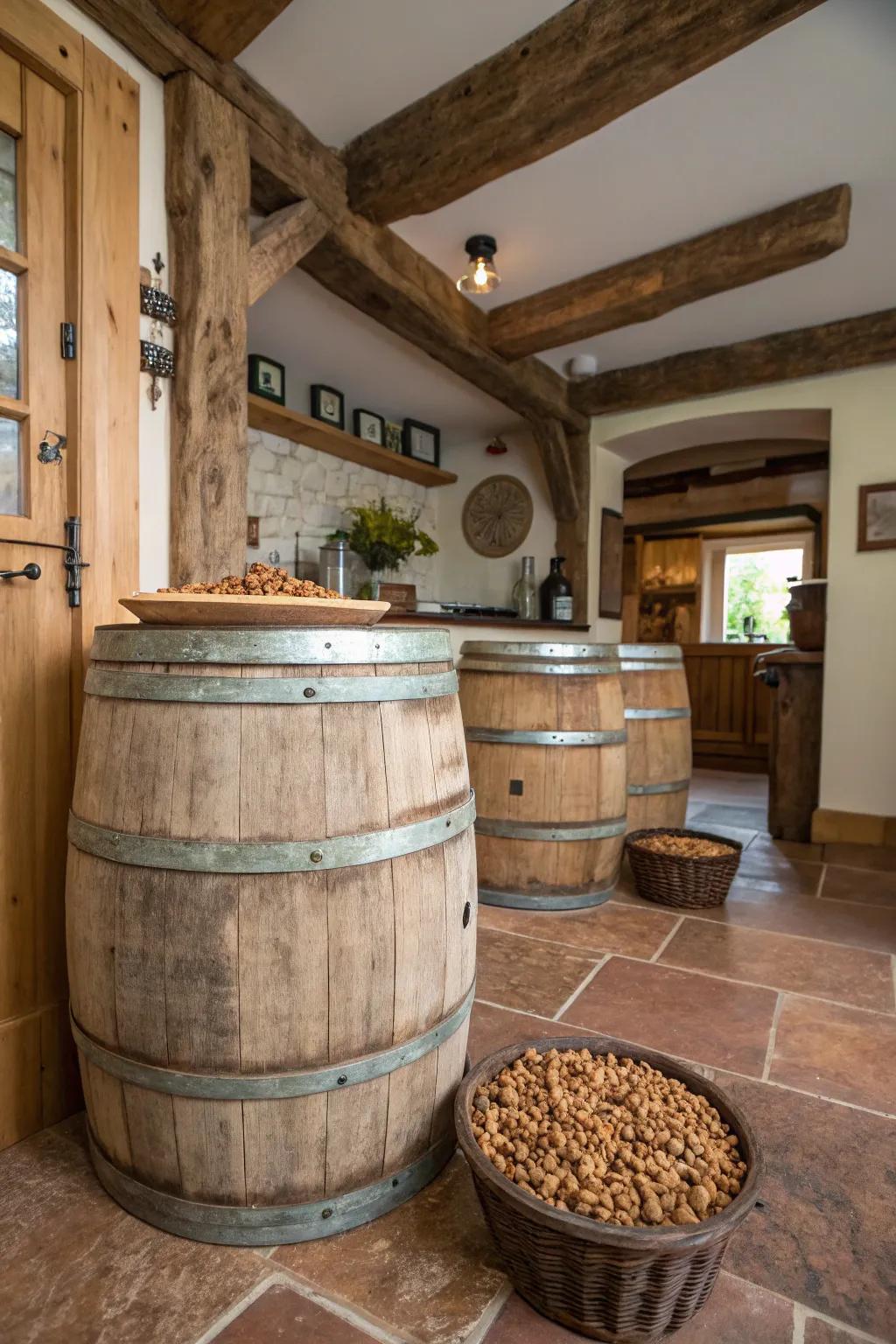 Food-grade casks lend a rustic appeal to dog food storage solutions.