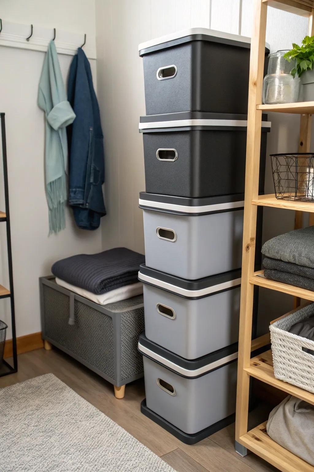 Stackable storage bins maximize vertical space in compact living spaces.