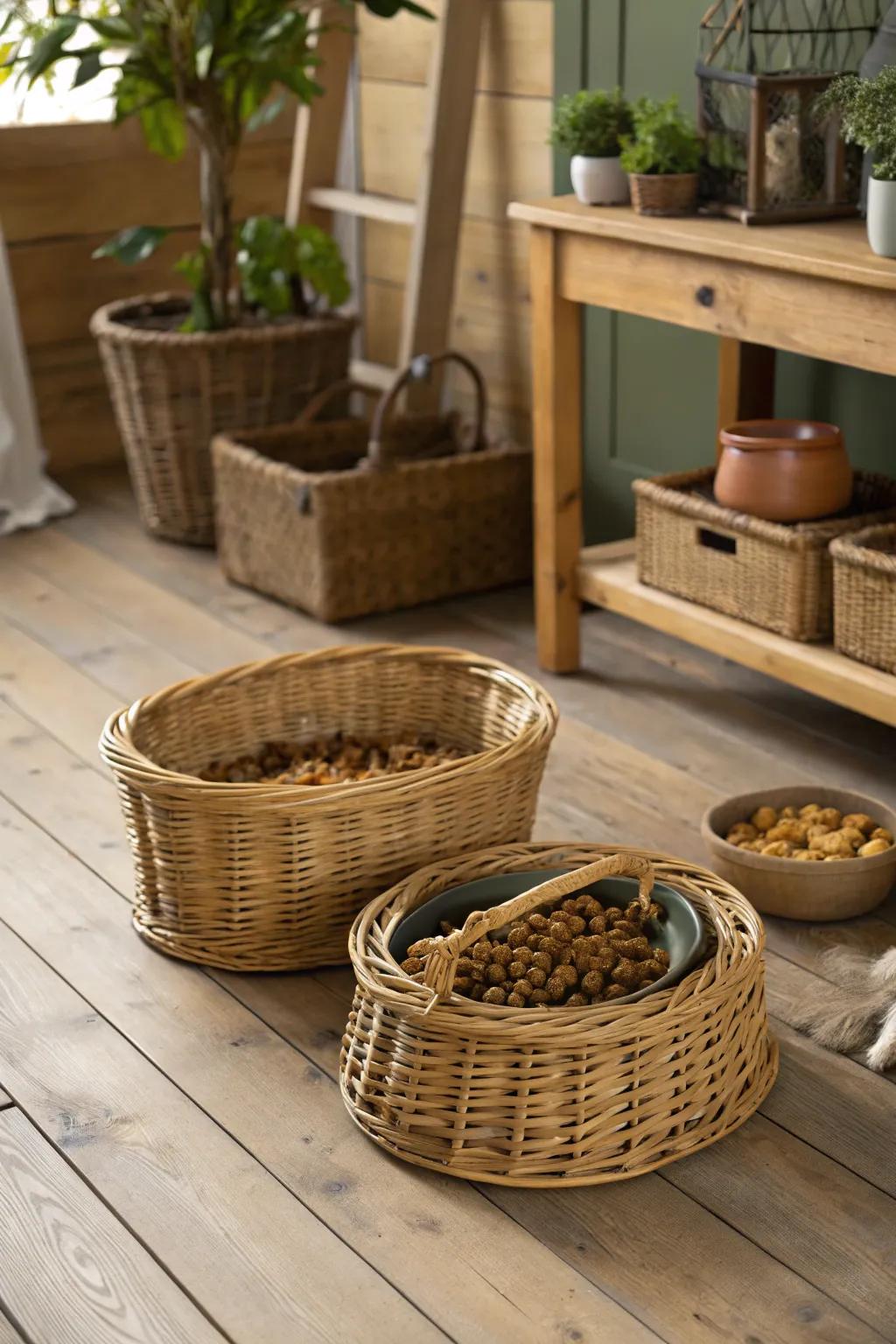 Woven baskets add a natural touch while providing practical storage for dog food.