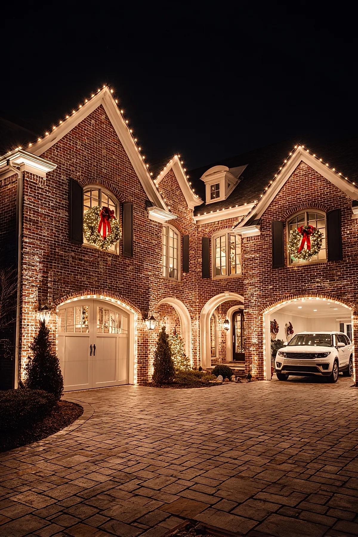 Brick house at night outlined with warm white christmas lights along roof edges, arched garage doors, and entryways; two large illuminated wreaths with red bows hang in upper windows, framed by dark shutters, with neatly trimmed bushes flanking the driveway and a white car parked in one open garage.