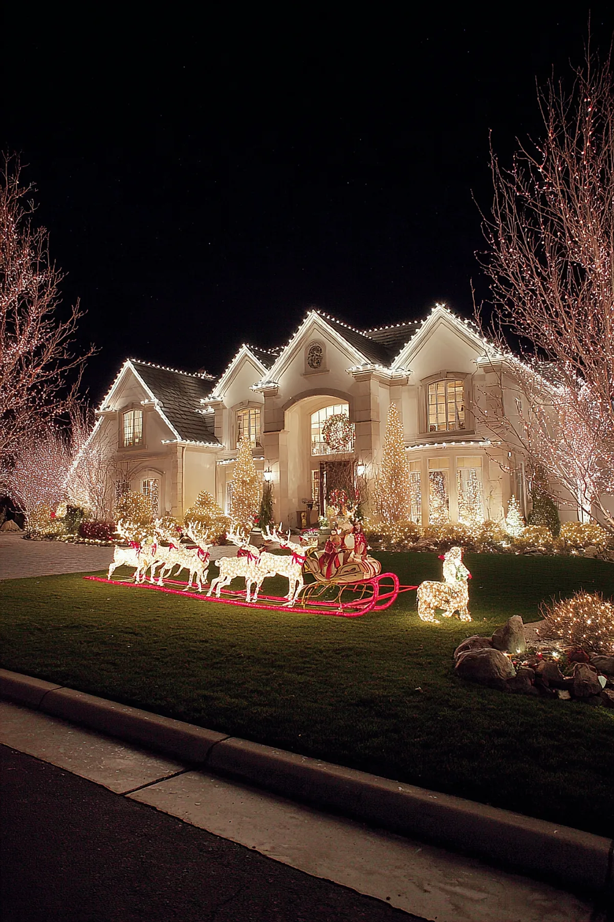 Large white house decorated with bright warm white christmas lights outlining roof peaks and windows, trees wrapped in twinkling white lights, and an illuminated light sculpture of Santa in a sleigh pulled by eight glowing reindeer on a green lawn at night.