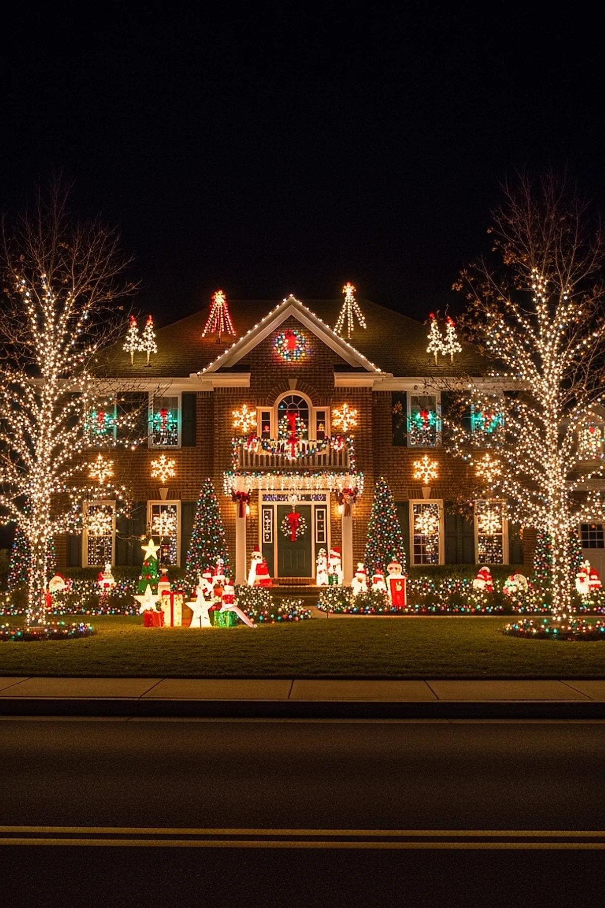 Brick two-story house covered in bright outdoor christmas lights including white string lights wrapped around leafless trees, multicolored wreaths on windows, illuminated snowflake decorations on the facade, decorated Christmas trees flanking the entrance, and various lighted holiday figures spread across the lawn.