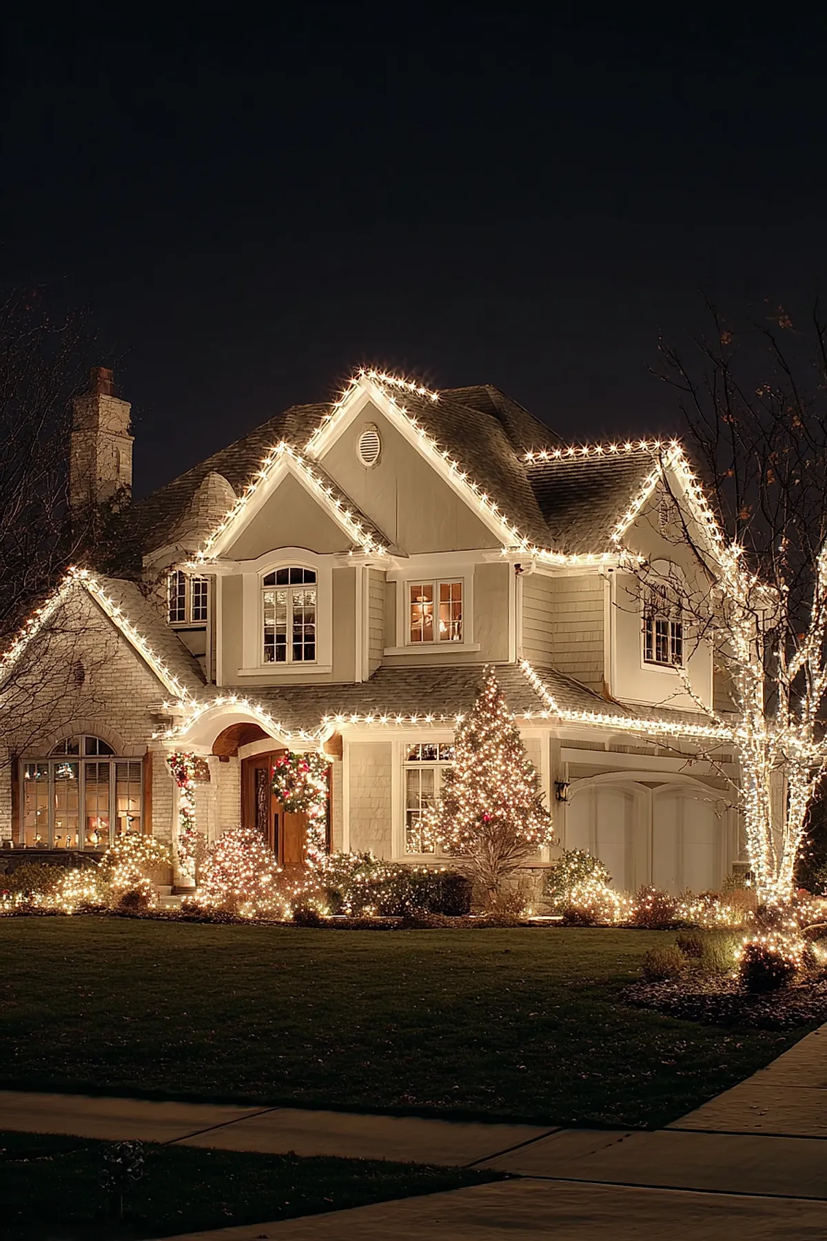 Two-story light-colored house decorated with warm white outdoor christmas lights outlining roof peaks, porch columns, bushes, and trees, featuring wreaths on front pillars and a lit Christmas tree near the entrance at night.