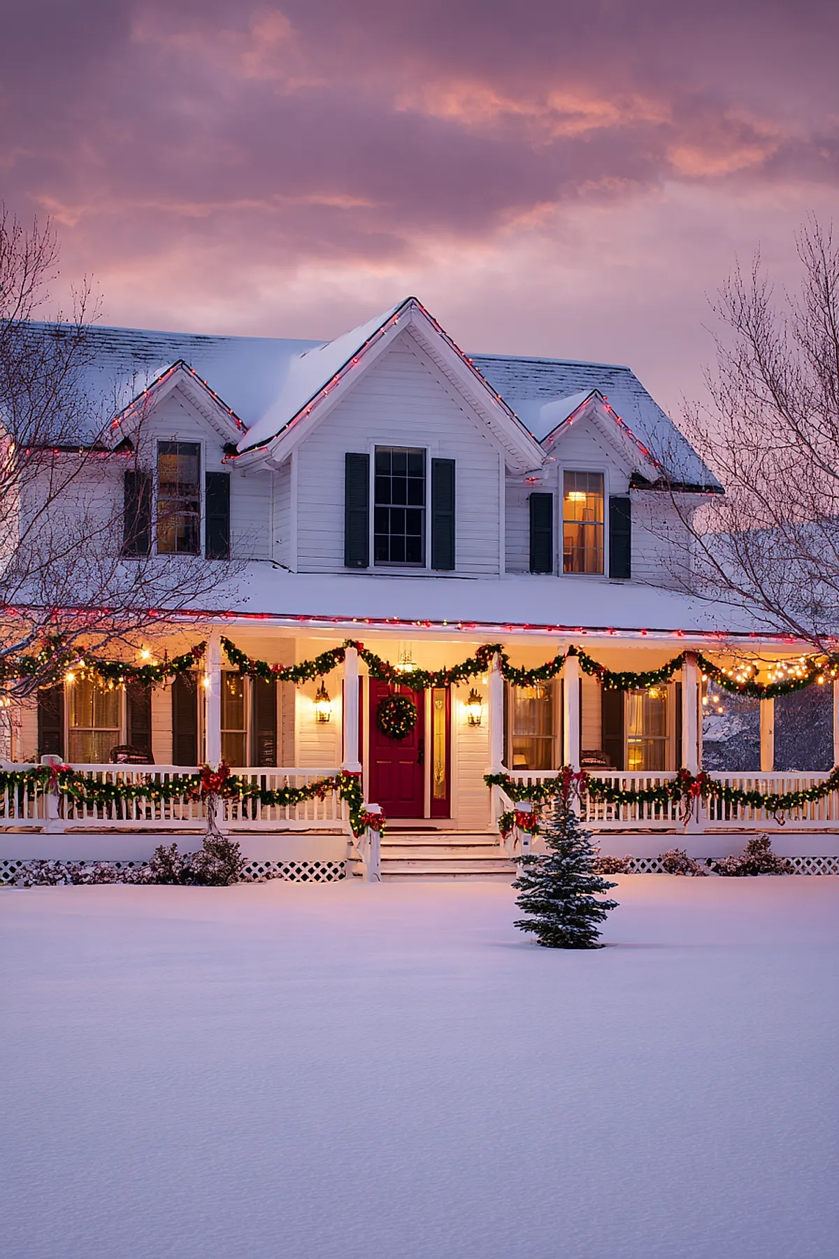 White two-story house covered in snow, decorated with warm white outdoor christmas lights outlining roof edges and porch; green garlands wrapped around porch railings with red bows, a bright red front door with a matching wreath, glowing lantern-style porch lights, and leafless trees framing the scene under a dusky purple sky.