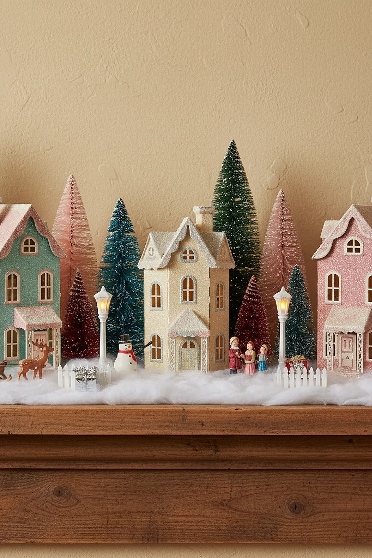wooden fireplace mantle decorated with a miniature Christmas village featuring pastel-colored houses, bottle brush trees in green, pink, and burgundy shades, small figurines including a snowman and carolers, white picket fences, all set on artificial snow against a beige textured wall