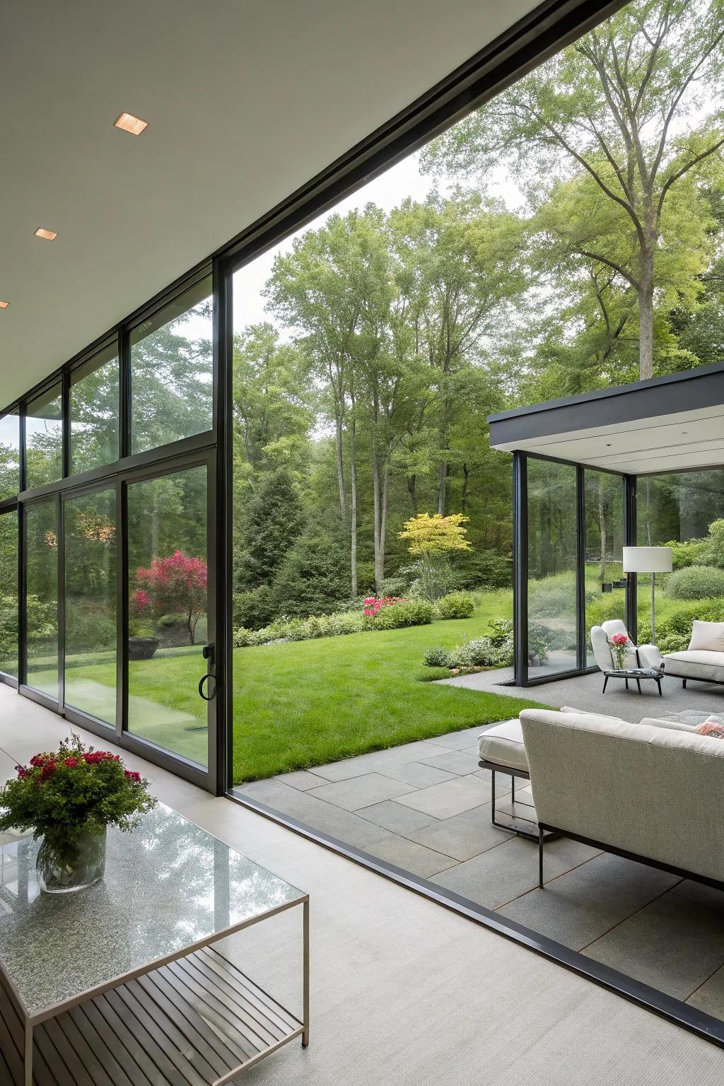 Glass walls that invite nature indoors.