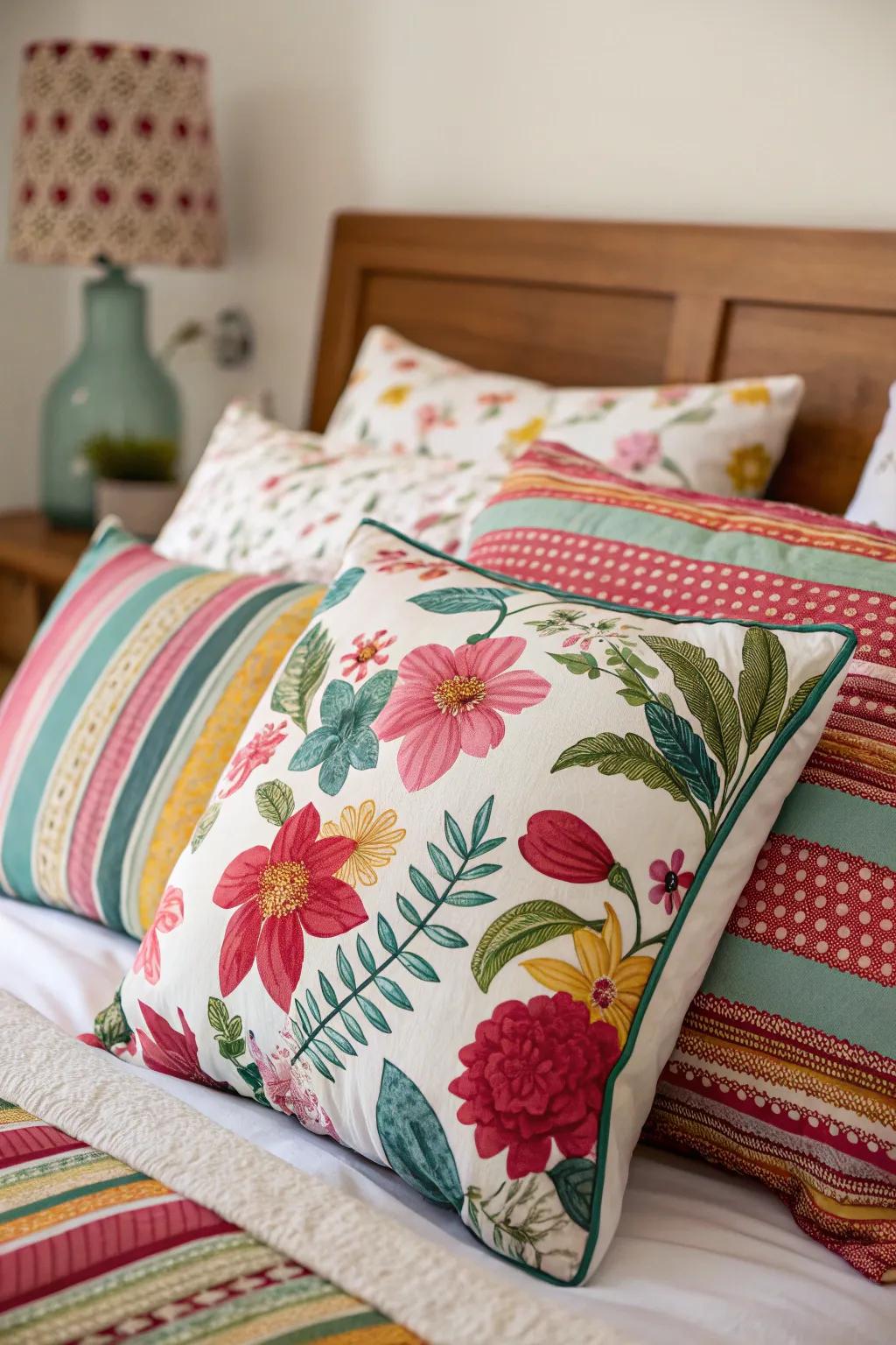 Pattern mixing adds a playful touch to your cushion arrangement.