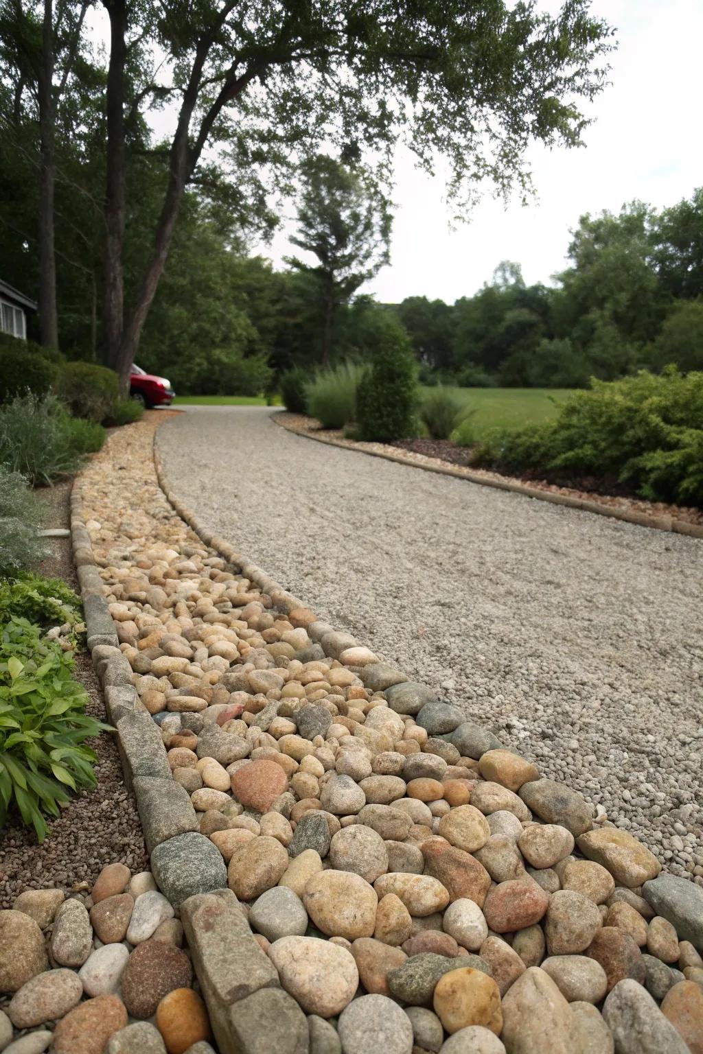 Perimeter with natural stone contributes an enduring sophistication to the route.