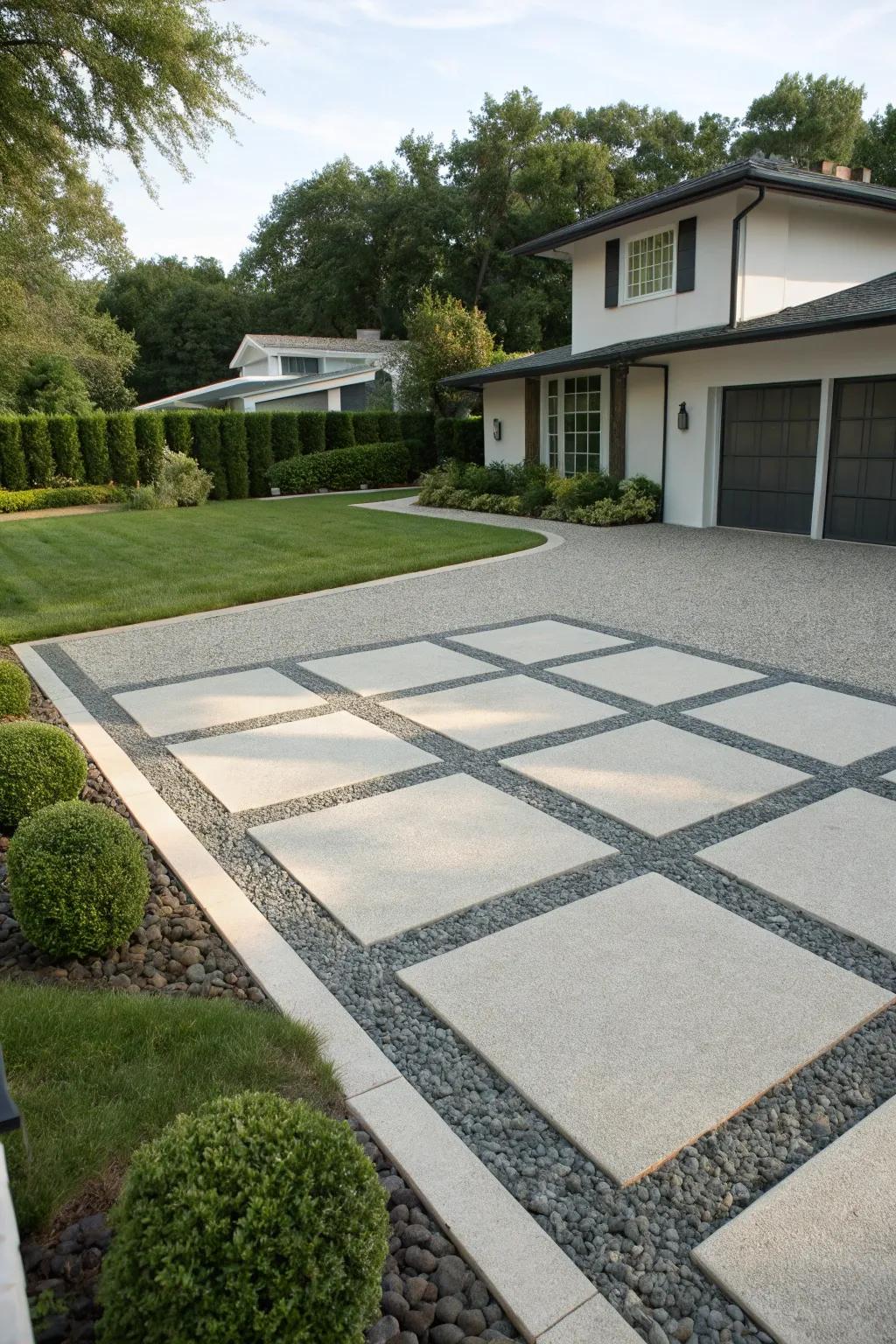 Patterned brick arrangements enhance the driveway's visual allure.