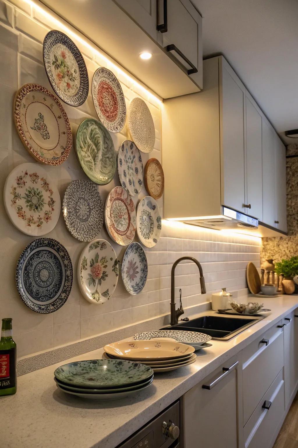 Ornamental plates present a nostalgic and colorful kitchen accent.