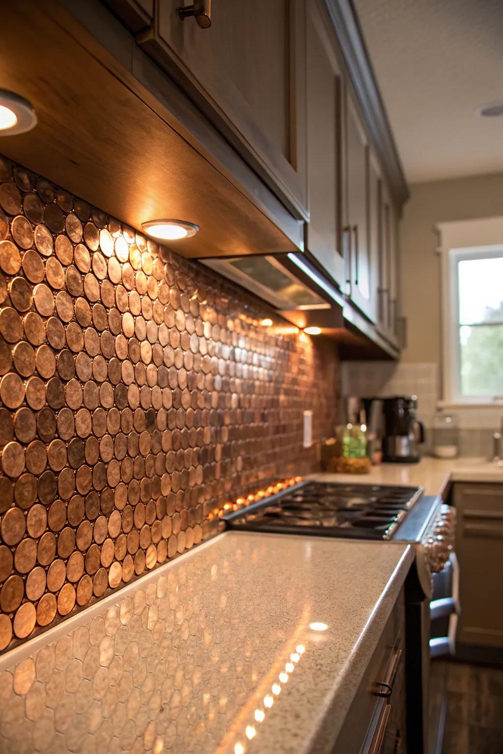 A coin backsplash delivers a rich glimmer and unique texture.