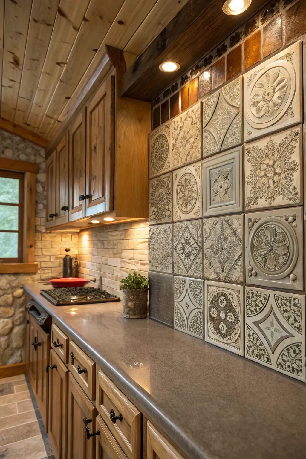 Repurposed metal panels contribute a vintage allure to any kitchen.