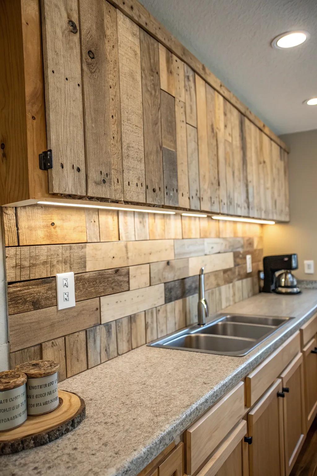 Wood pallets foster a natural and cozy kitchen ambiance.