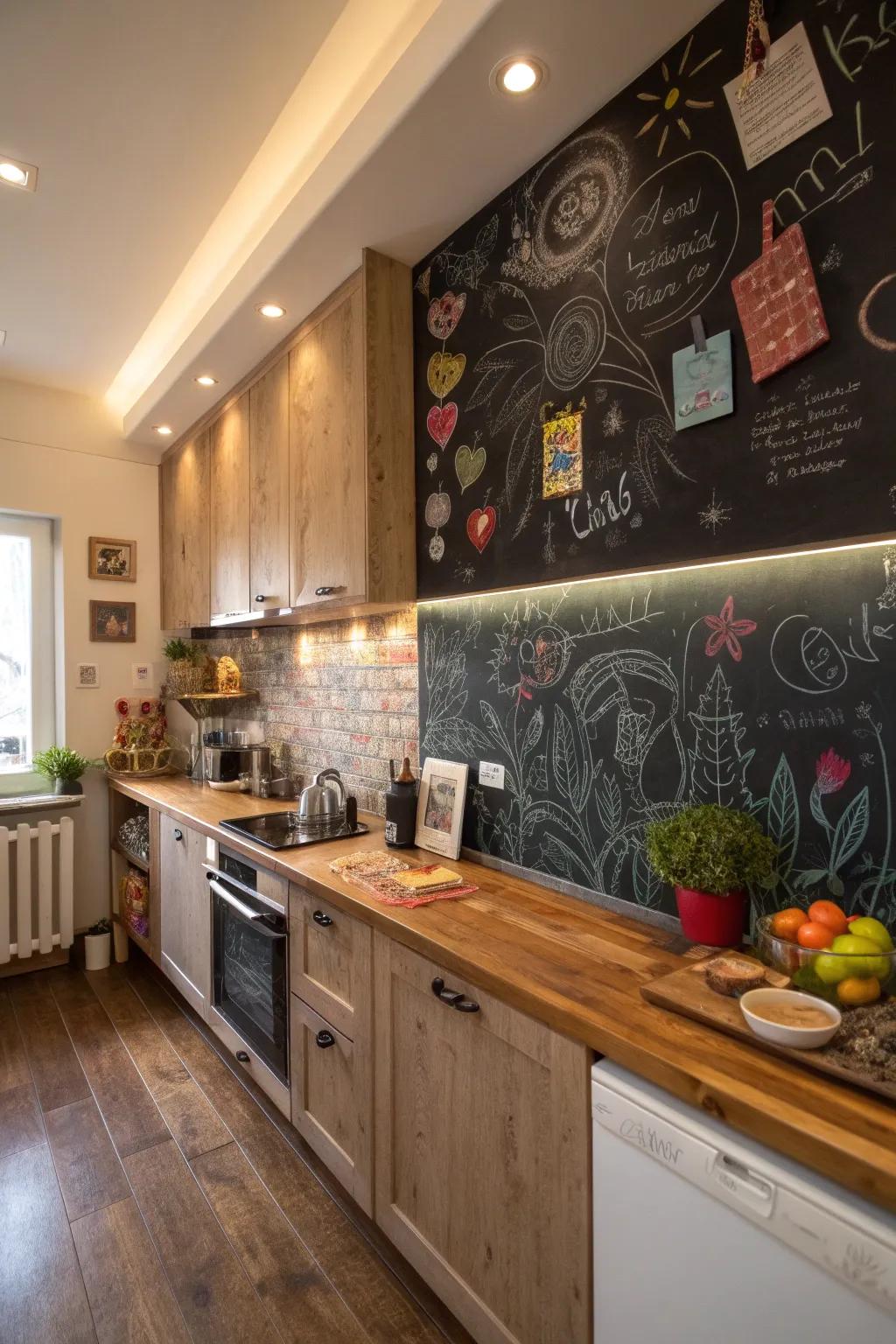 A chalkboard backsplash brings a playful and engaging feature to your kitchen.