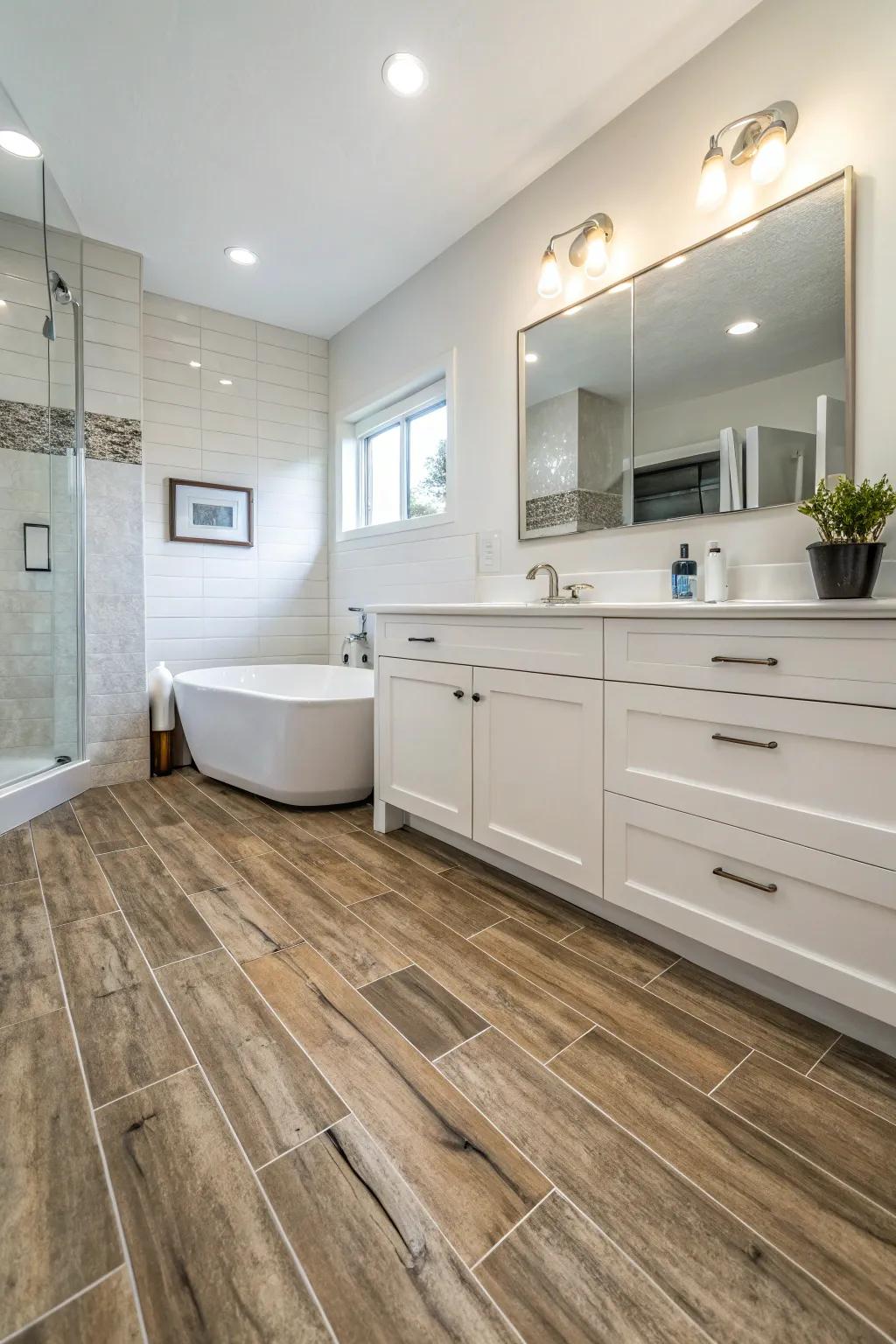 Wood-effect panels blend natural warmth with bathroom durability.