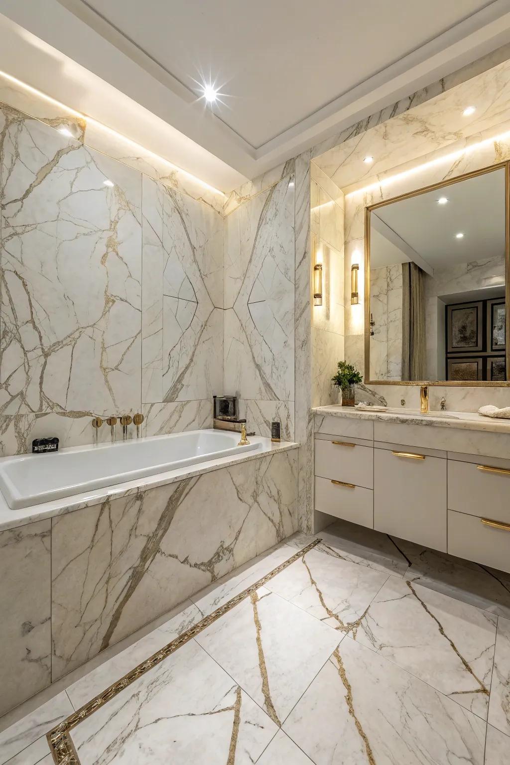 Natural stone panels add luxurious texture and depth.