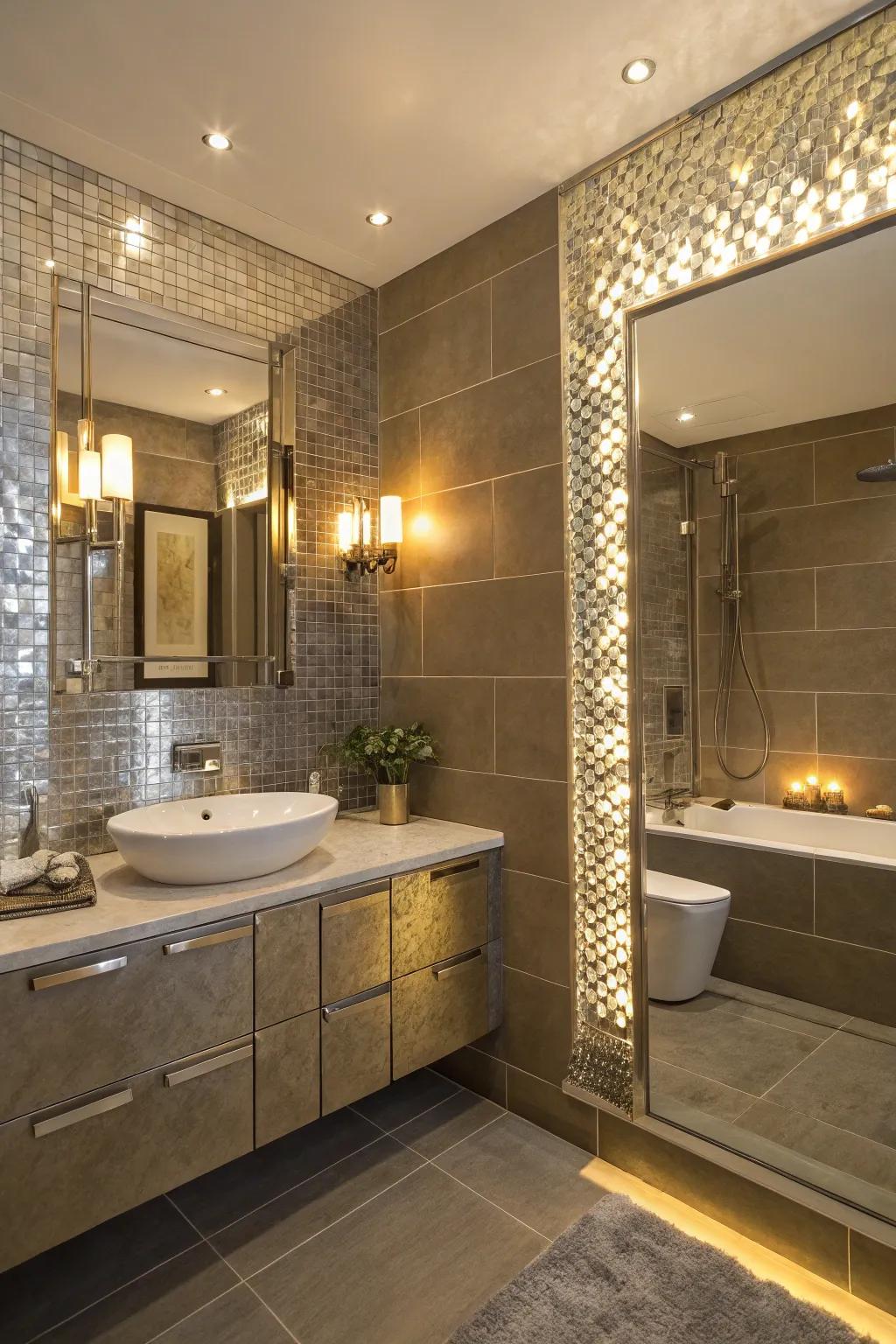Gleaming panels add a luxurious sparkle to bathrooms.