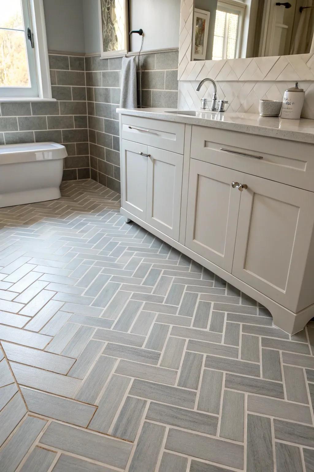 Zigzag panels add movement and elegance to bathroom walls and floors.
