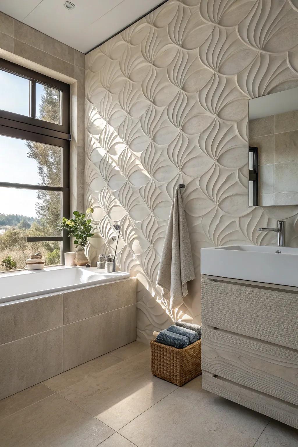 Sculpted panels add texture and visual interest to bathroom walls.